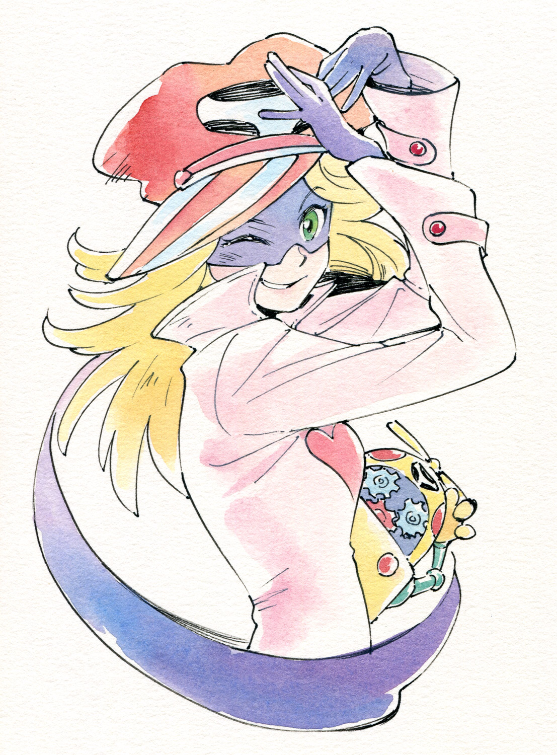 agahari, kaminari ai, omotchama, time bokan (series), yatterman, commentary request, highres, 1girl, blonde hair, cropped torso, eye mask, from side, gloves, green eyes, hands up, hat, heart, heart print, jacket, long hair, looking at viewer, looking to the side, mask, newsboy cap, one eye closed, parted lips, pink jacket, print jacket, purple gloves, purple scarf, red hat, robot, scarf, smile, white background