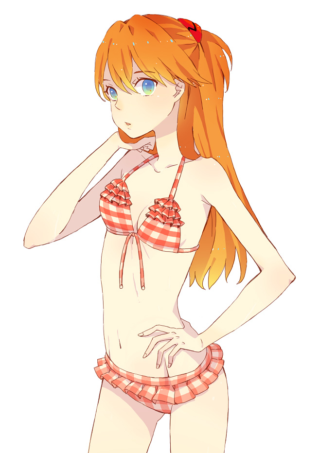 kuko, souryuu asuka langley, neon genesis evangelion, bad id, bad pixiv id, 1girl, adjusting hair, bikini, blue eyes, female focus, frills, front-tie top, gathers, hand on own hip, hip focus, long hair, navel, orange hair, plaid bikini, plaid clothes, simple background, skinny, solo, swimsuit
