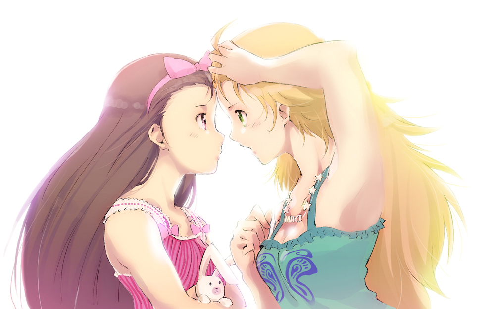riyo (riyontoko), riyontoko, hoshii miki, minase iori, idolmaster, idolmaster (classic), bad id, bad pixiv id, 00s, 2girls, armpits, bloom, eye contact, face-to-face, forehead, forehead-to-forehead, heads together, long hair, looking at another, multiple girls, stuffed animal, stuffed rabbit, stuffed toy, upper body
