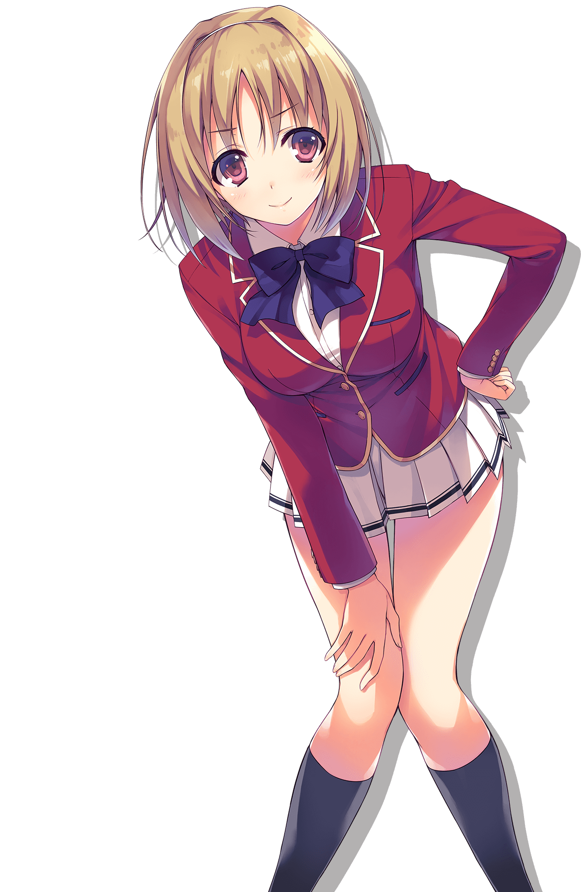 tomose shunsaku, kushida kikyou, youkoso jitsuryoku shijou shugi no kyoushitsu e, highres, official art, 1girl, advanced nurturing high school uniform, black bow, black bowtie, black socks, blazer, blonde hair, bow, bowtie, breasts, closed mouth, collared shirt, feet out of frame, hand on own hip, hand on own thigh, jacket, kneehighs, large breasts, leaning forward, long sleeves, looking at viewer, pleated skirt, red eyes, red jacket, school uniform, shirt, short hair, simple background, skirt, smile, socks, solo, transparent background, white shirt, white skirt