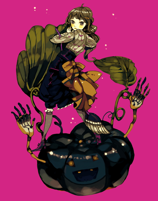 nogaru wako, original, 1girl, arms up, bloomers, broom, brown hair, female focus, hair ornament, hairclip, jack-o'-lantern, kneehighs, leaf, monster, pumpkin, skirt, smile, socks, solo, underwear