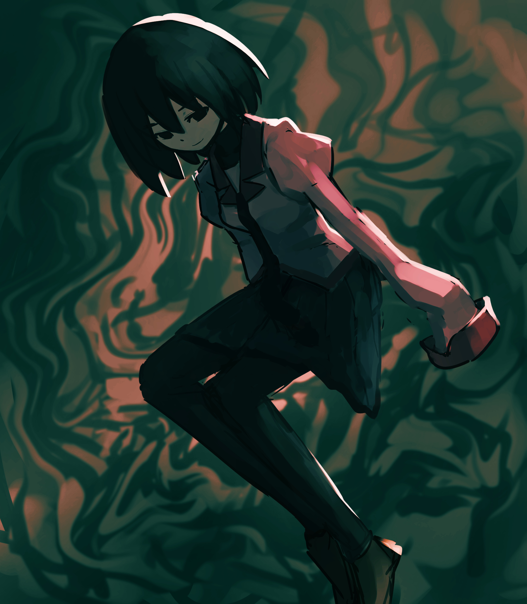 oshino ougi, monogatari (series), commentary, highres, 1girl, arms at sides, backlighting, black hair, black necktie, black pantyhose, black shirt, black skirt, bob cut, breasts, brown shoes, closed mouth, collared shirt, dark, dress shirt, floating, green background, hair between eyes, juliet sleeves, light smile, long sleeves, looking at viewer, looking to the side, naoetsu high school uniform, narrowed eyes, necktie, one-hour drawing challenge, oretekiya, pantyhose, pink shirt, pleated skirt, puffy sleeves, school uniform, shirt, shoes, sketch, skirt, sleeves past fingers, sleeves past wrists, small breasts, solo, swirl, swirling, turtleneck, undershirt