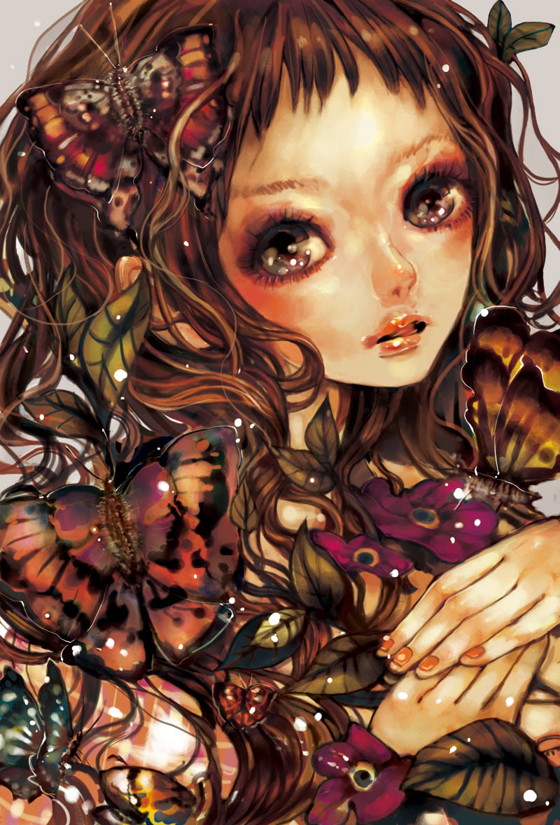 nogaru wako, original, blush, brown hair, bug, butterfly, flower, insect, solo, wavy hair
