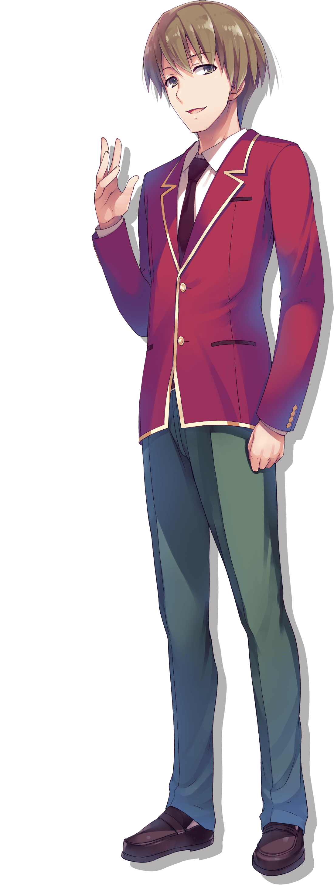 hirata yousuke, youkoso jitsuryoku shijou shugi no kyoushitsu e, absurdres, highres, official art, 1boy, advanced nurturing high school uniform, arm at side, black necktie, blazer, brown eyes, brown hair, brown shoes, collared shirt, full body, green pants, hand up, jacket, loafers, long sleeves, looking at viewer, male focus, necktie, open mouth, pants, red jacket, school uniform, shirt, shoes, short hair, simple background, smile, solo, standing, transparent background, white shirt