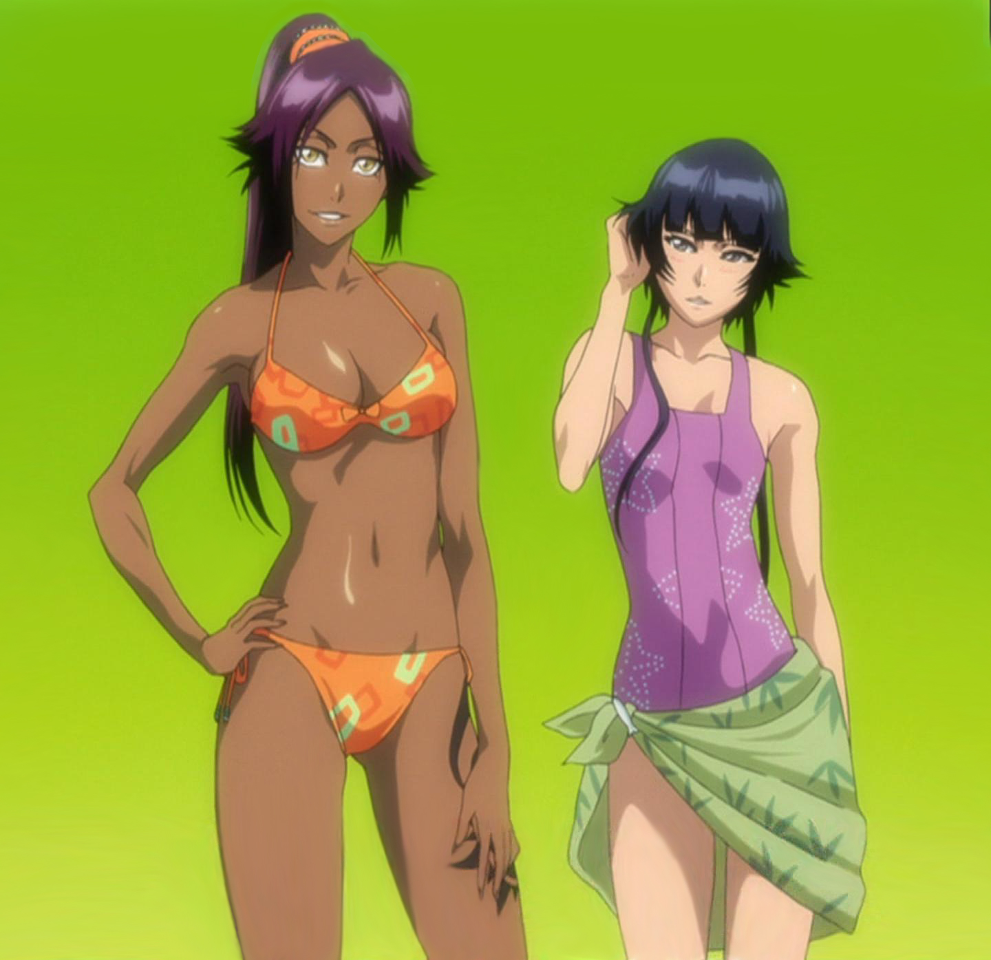 shihouin yoruichi, sui-feng, bleach, screencap, highres, 00s, bikini, blush, breasts, cleavage, dark skin, long hair, midriff, one-piece swimsuit, smile, swimsuit, tattoo, yellow eyes