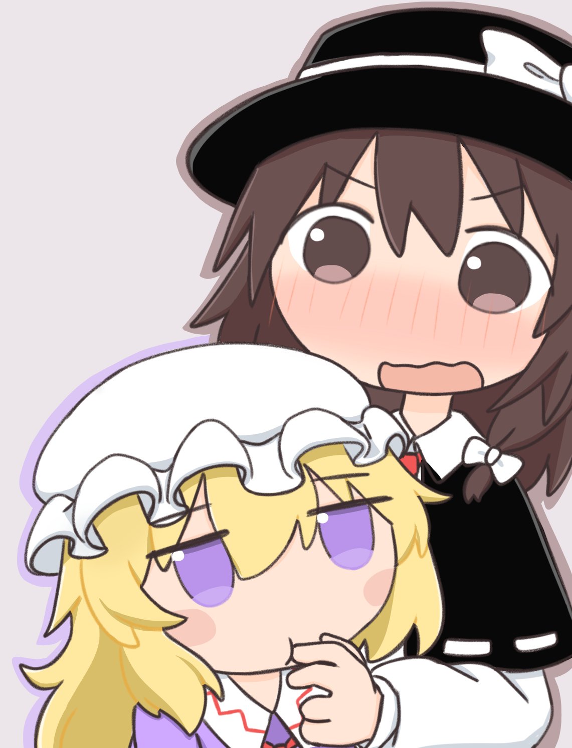 kokoda402989934, maribel hearn, usami renko, touhou, commentary request, hashtag-only commentary, highres, 2girls, black capelet, black hat, blonde hair, blush, bow, brown eyes, brown hair, capelet, collared shirt, finger sucking, flustered, hair bow, hat, hat bow, hat ribbon, jitome, long hair, medium hair, mob cap, multiple girls, neck ribbon, necktie, open mouth, purple eyes, purple shirt, red necktie, red ribbon, ribbon, shirt, simple background, upper body, wavy mouth, white background, white bow, white hat, white shirt, yuri