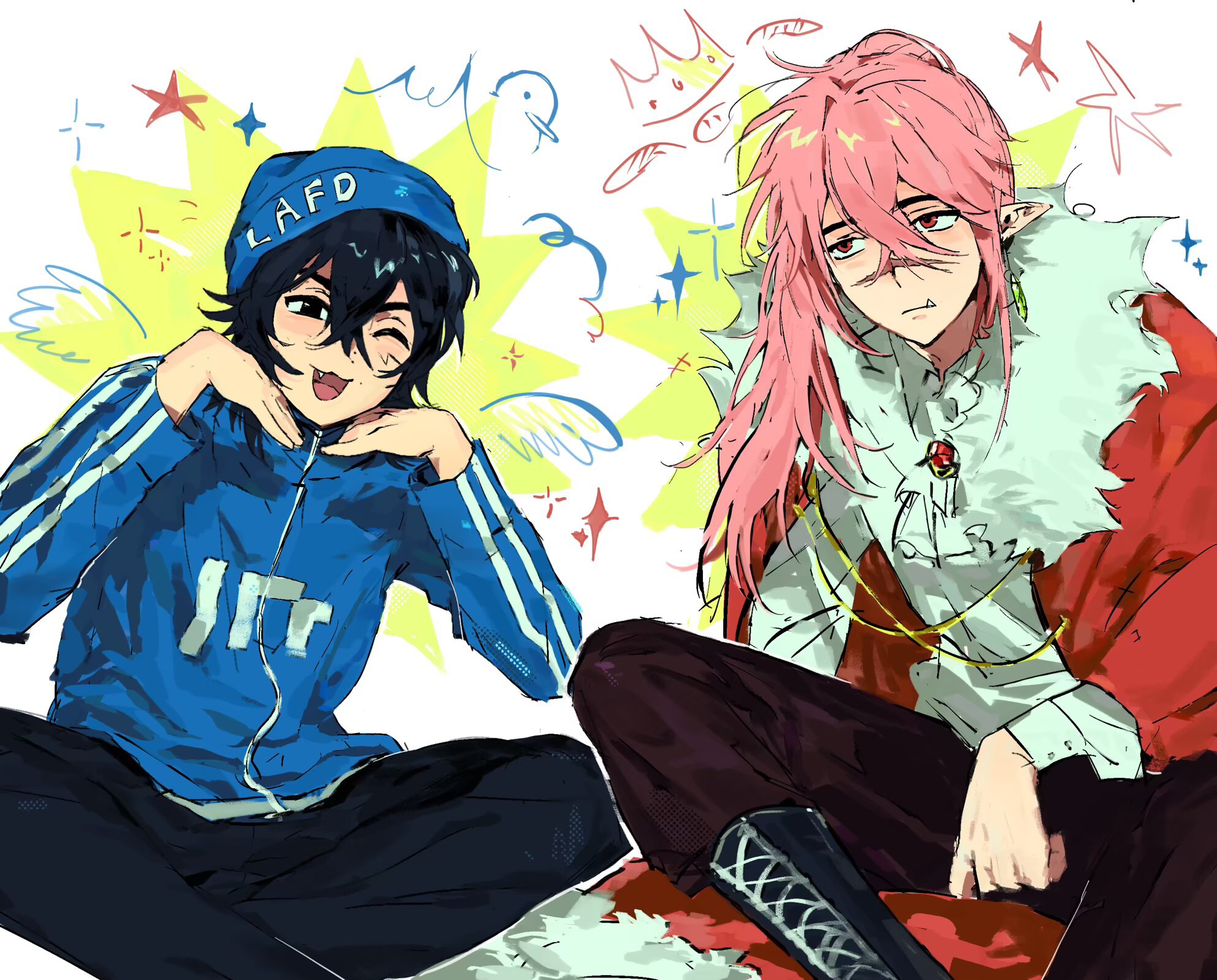 quackity, technoblade, minecraft youtube, commentary, highres, symbol-only commentary, 2boys, :3, adujiang, animification, ascot, beanie, bishounen, black hair, blue hat, blue jacket, brooch, cape, fur-trimmed cape, fur trim, hat, jacket, jewelry, long hair, looking at viewer, male focus, multiple boys, one eye closed, pants, pink hair, pointy ears, red cape, red eyes, scar, scar on face, shirt, short hair, sitting, smile, white ascot, white shirt