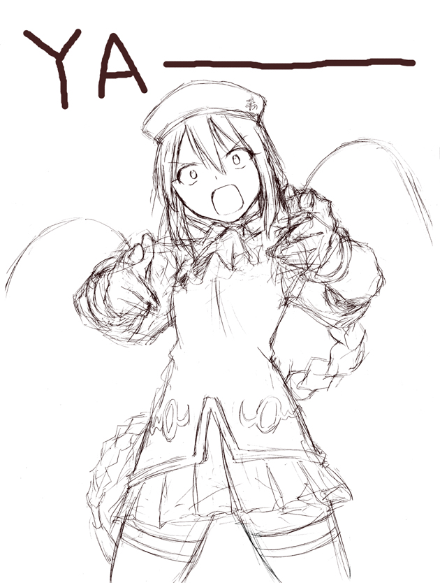 jas (littlecrime), sion eltnam (type-moon), sion eltnam atlasia, melty blood, tsukihime, 00s, 1girl, braid, constricted pupils, female focus, greyscale, hat, long hair, monochrome, open mouth, pointing, screaming, single braid, sketch, solo, string, thighhighs, very long hair, white background