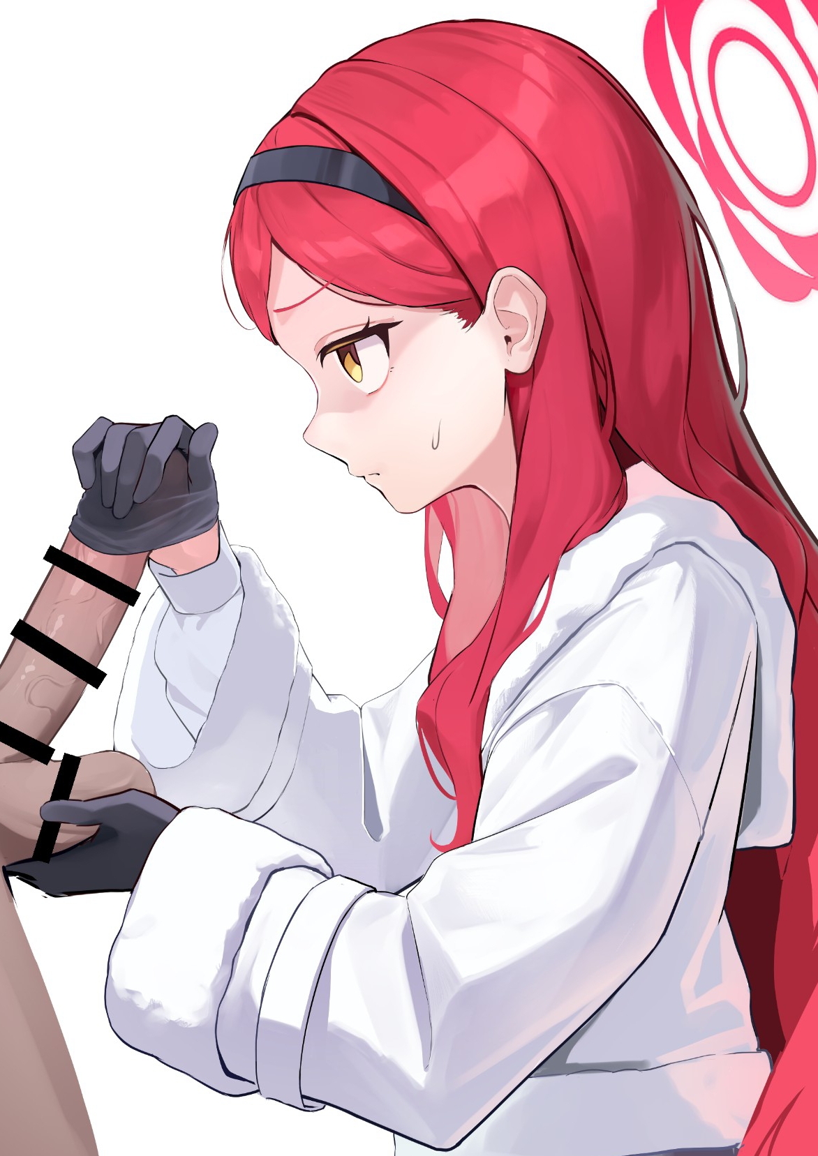 diu1, takane (blue archive), blue archive, commentary, highres, 1boy, 1girl, bar censor, black gloves, caressing testicles, censored, closed mouth, erection, gloved handjob, gloves, hairband, halo, handjob, hetero, long hair, long sleeves, penis, penis in glove, red hair, red halo, simple background, testicles, white background, yellow eyes