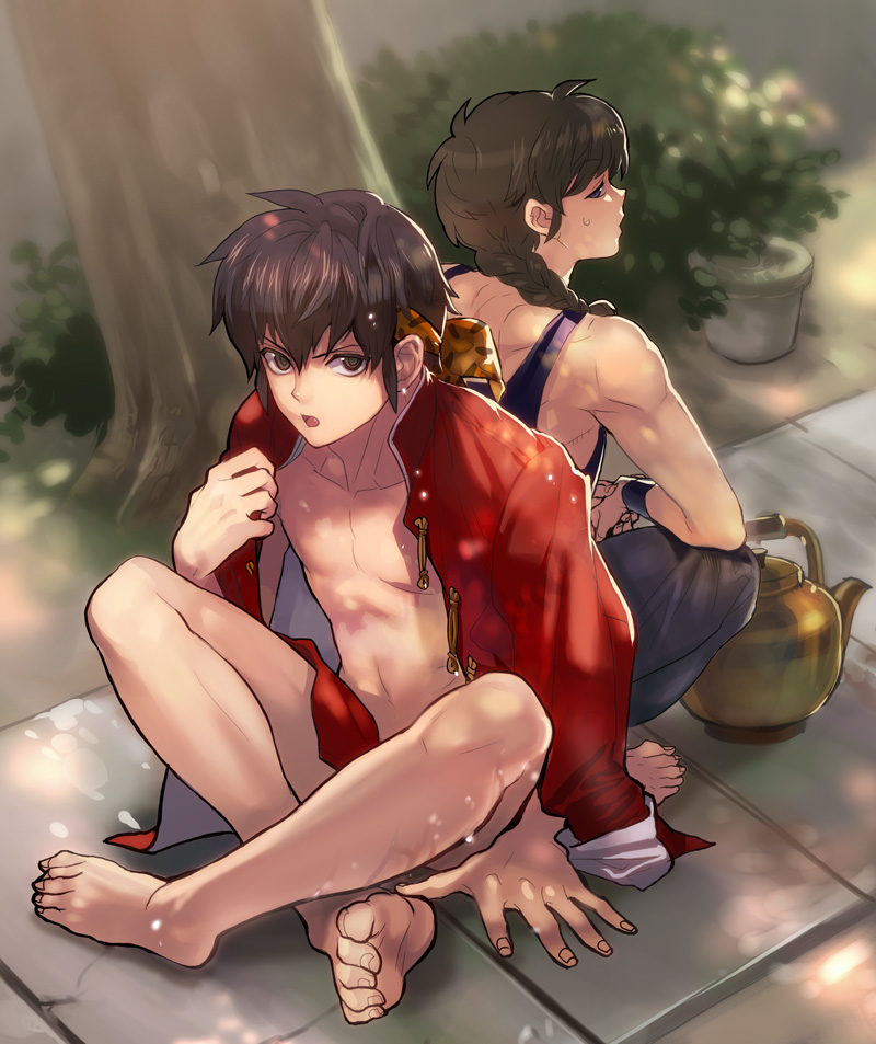 agasang, hibiki ryouga, saotome ranma, ranma 1/2, 2boys, armband, back-to-back, bandana, barefoot, black hair, braid, chinese clothes, feet, from above, kettle, long hair, male focus, multiple boys, muscular, no socks, ponytail, shade, short hair, single braid, sitting, tangzhuang, tree, wet
