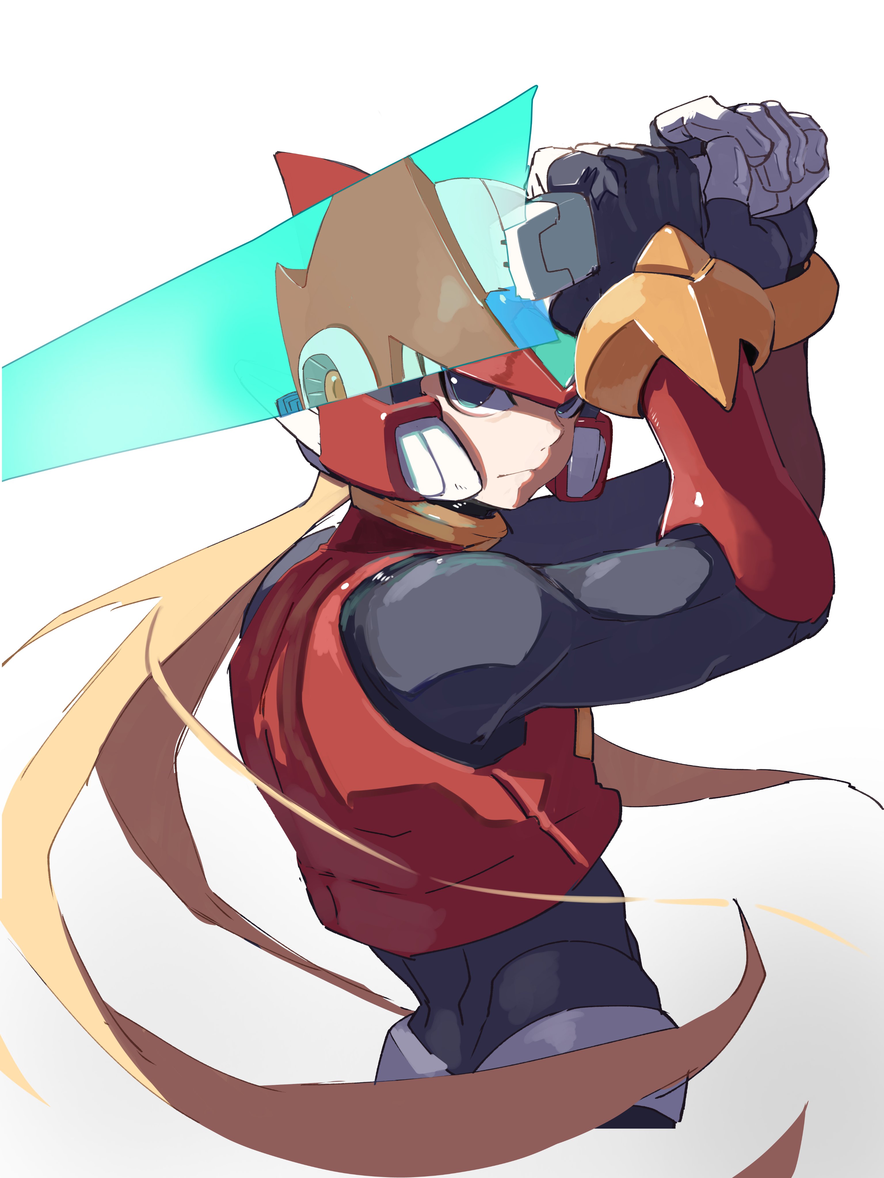 omochi (mochi skymega), zero(z) (mega man), zero (mega man), mega man (series), mega man zero (series), absurdres, highres, 1boy, android, armor, blonde hair, energy sword, forehead jewel, helmet, holding, holding sword, holding weapon, long hair, ponytail, red armor, red helmet, simple background, solo, sword, weapon, white background, z saber