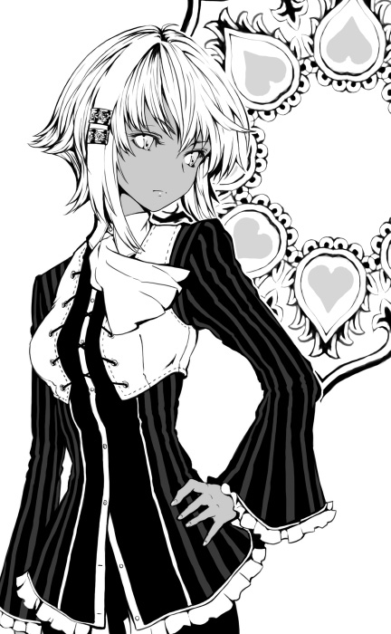 tokunou shoutarou, tagme, greyscale, hair ornament, hairclip, monochrome, short hair, solo, tan