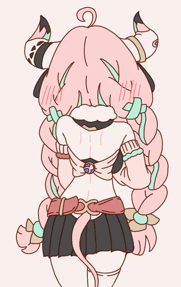 dayday (day 1day), varesa (genshin impact), genshin impact, animated, commentary request, korean commentary, video, 1girl, 2025, ahoge, animal ears, bell, bell earrings, blue eyes, blush, braid, breasts, cow ears, cow girl, cow horns, cow tail, cup, detached sleeves, earrings, hairband, holding, holding cup, horns, jewelry, lactation, long hair, looking at viewer, low twin braids, multicolored hair, pink hair, pink sleeves, pleated skirt, simple background, skirt, solo, streaked hair, tail, twin braids, very long hair, vision (genshin impact)