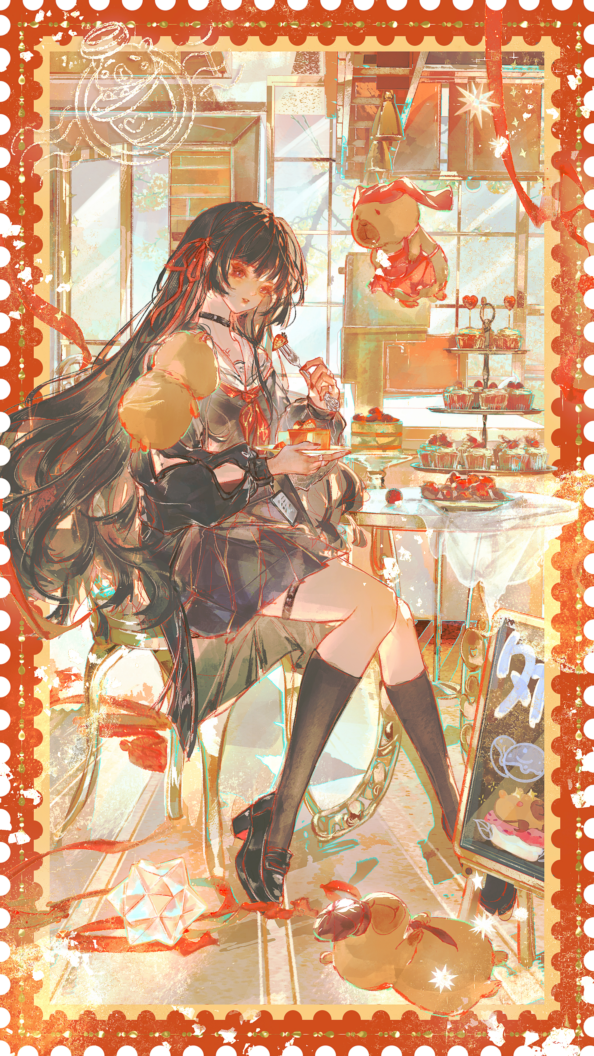 mian tu qiu, chisa (wuthering waves), wuthering waves, absurdres, chinese commentary, commentary request, highres, 1girl, arm cutout, black choker, black hair, black shirt, black shoes, black skirt, cake, choker, clothing cutout, food, hair ribbon, holding, holding plate, loafers, long hair, namipon (wuthering waves), neckerchief, plate, red eyes, red neckerchief, red ribbon, ribbon, sailor collar, shirt, shoes, sitting, skirt, solo, tacet mark (wuthering waves), thigh strap, thighs, white sailor collar