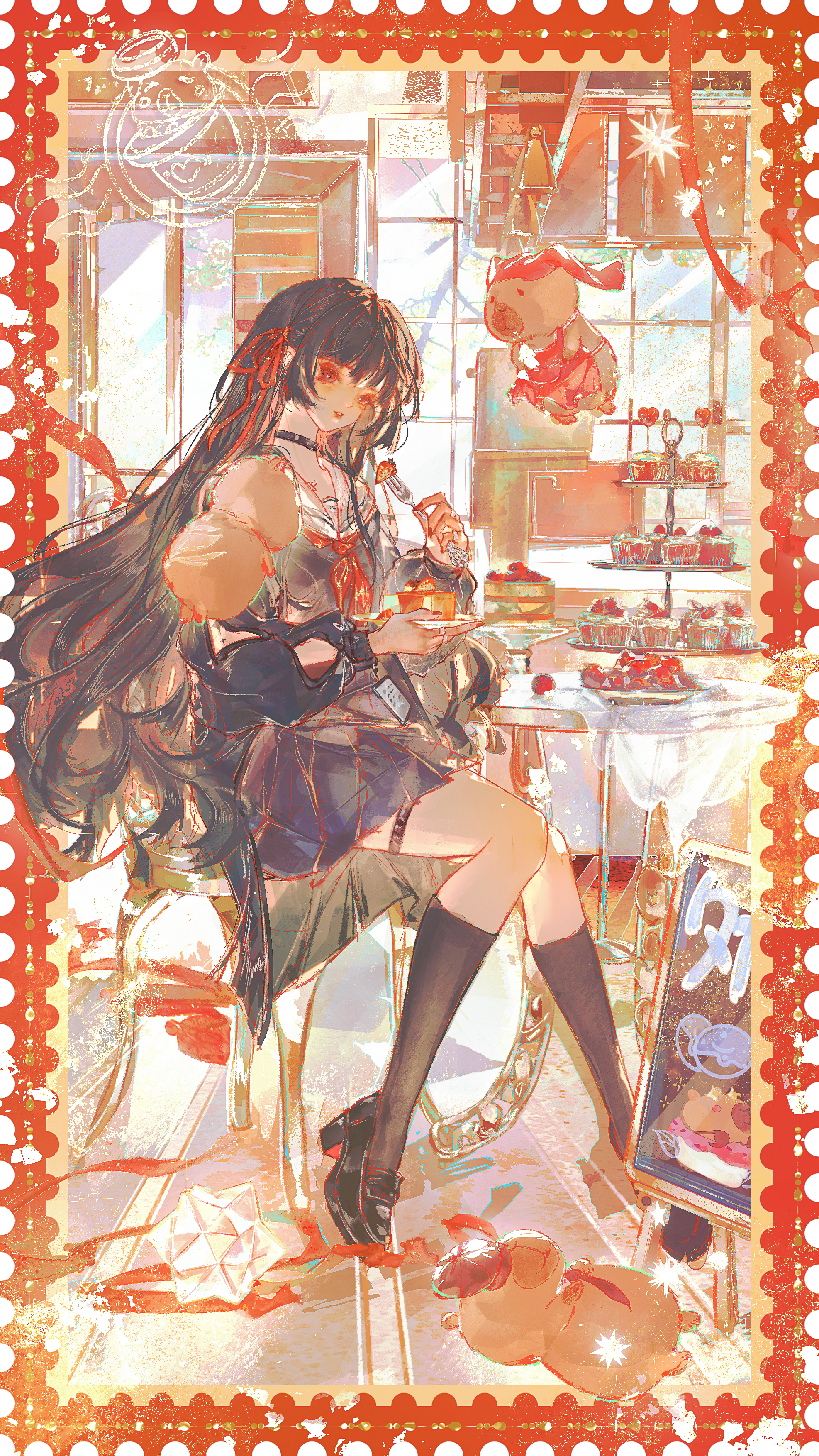 mian tu qiu, chisa (wuthering waves), wuthering waves, absurdres, chinese commentary, commentary request, highres, 1girl, arm cutout, black choker, black hair, black shirt, black shoes, black skirt, cake, choker, clothing cutout, food, hair ribbon, holding, holding plate, loafers, long hair, namipon (wuthering waves), neckerchief, plate, red eyes, red neckerchief, red ribbon, ribbon, sailor collar, shirt, shoes, sitting, skirt, solo, tacet mark (wuthering waves), thigh strap, thighs, white sailor collar