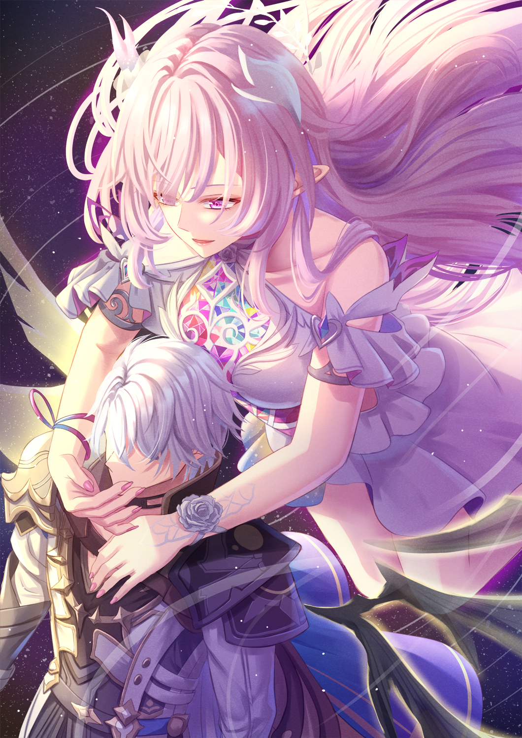 toshi (1-147), cyrene (honkai: star rail), cyrene (ripples of past reverie) (honkai: star rail), phainon (honkai: star rail), honkai: star rail, honkai (series), bilingual commentary, commentary, english commentary, highres, mixed-language commentary, 1boy, 1girl, armlet, armor, bare shoulders, black shirt, breasts, coat, diamond-shaped pupils, diamond (shape), dress, fingernails, hug, hug from behind, jewelry, long hair, medium breasts, nail polish, parted lips, pink nails, pointy ears, purple eyes, shirt, sidelocks, smile, symbol-shaped pupils, white coat, white dress