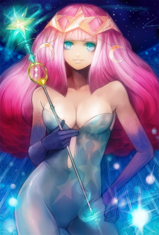 moreshan, original, bodysuit, breasts, cleavage, green eyes, hair ornament, large breasts, long hair, pink hair, solo, wand