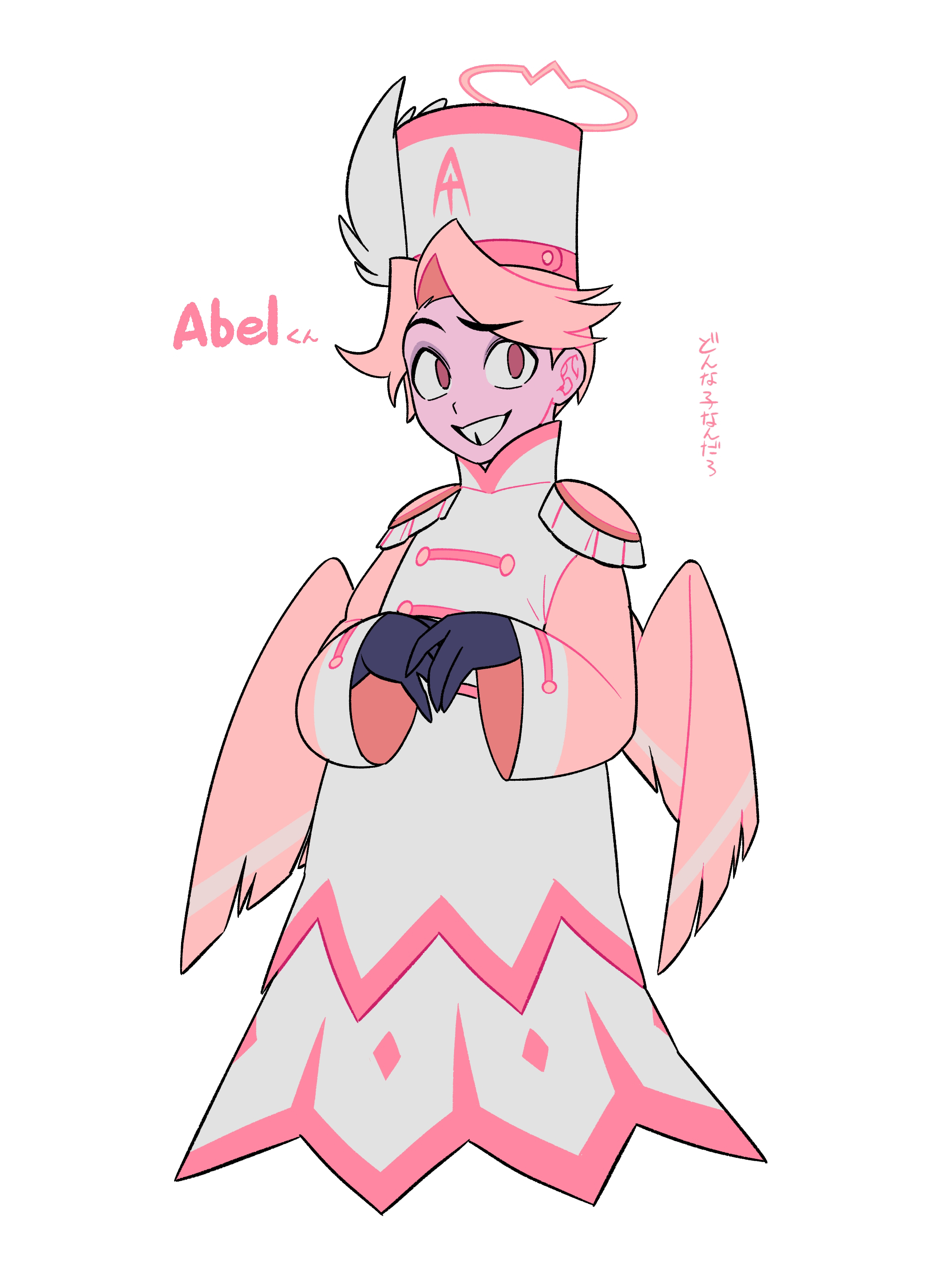 menma (enaic31), hazbin hotel, hellaverse, absurdres, commentary request, highres, translation request, 1boy, :d, abel (hazbin hotel), angel wings, black gloves, blonde hair, brown eyes, buttons, character name, coat, double-breasted, fewer digits, flat color, frills, full body, gloves, grin, hair behind ear, halo, hat, hat feather, long sleeves, male focus, no pupils, open mouth, own hands together, pink trim, raised eyebrow, red halo, short hair, simple background, smile, solo, standing, very short hair, white background, white coat, white hat, wide sleeves, wings, yellow sleeves, yellow wings