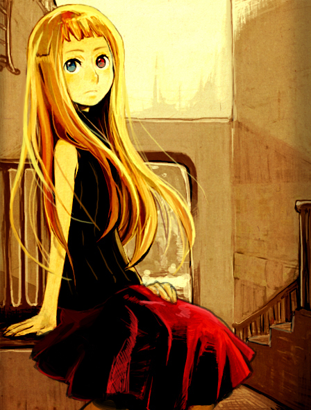 arima saya, original, bad id, bad pixiv id, blonde hair, heterochromia, long hair, skirt, solo