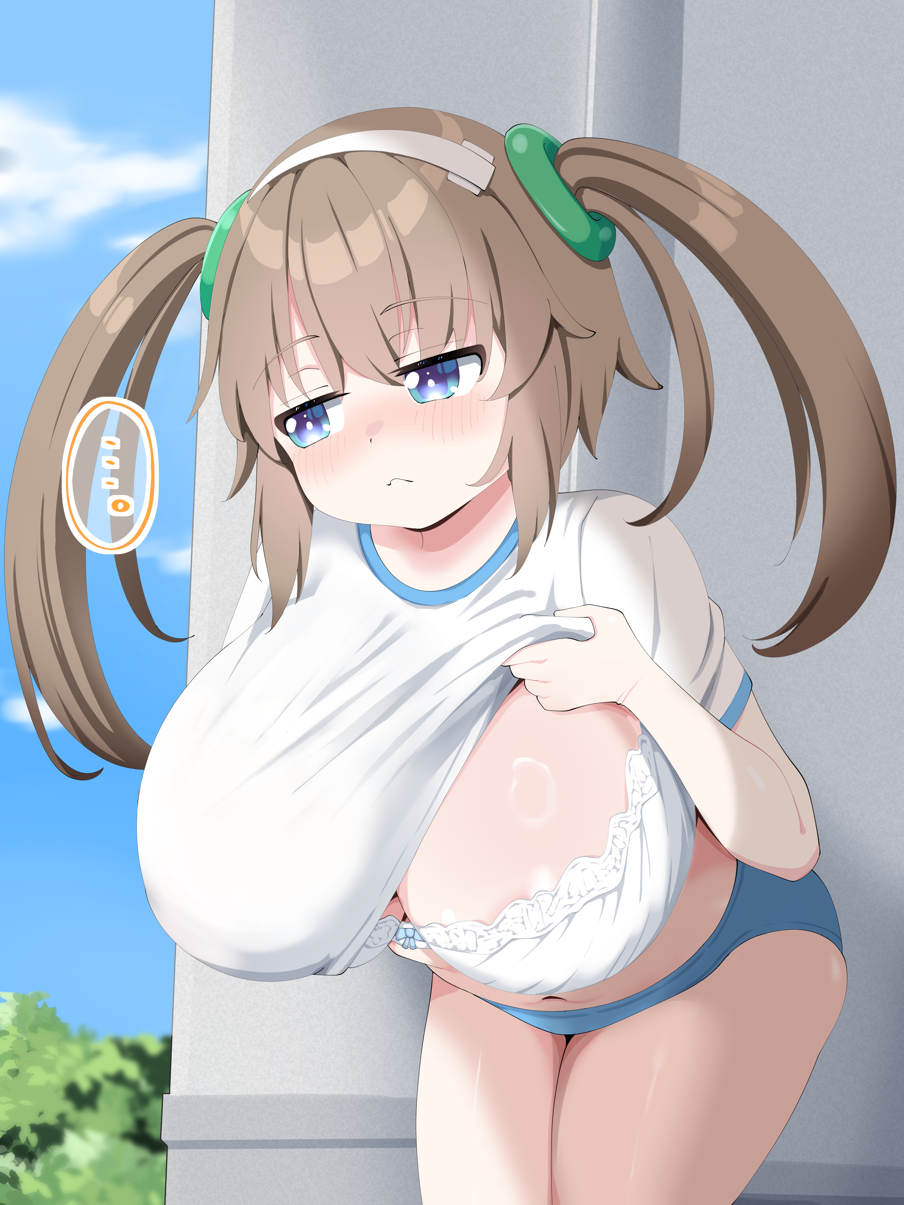 nagashima (nagatol), minori (senran kagura), senran kagura, senran kagura shinovi versus, absurdres, commentary request, highres, …, 1girl, areola slip, blue buruma, blue eyes, blush, bra, breasts, brown hair, buruma, closed mouth, clothes lift, frilled bra, frills, frown, huge breasts, leaning forward, long hair, looking to the side, navel, no bra, ring hair ornament, shirt lift, solo, spoken ellipsis, twintails, underwear, white bra