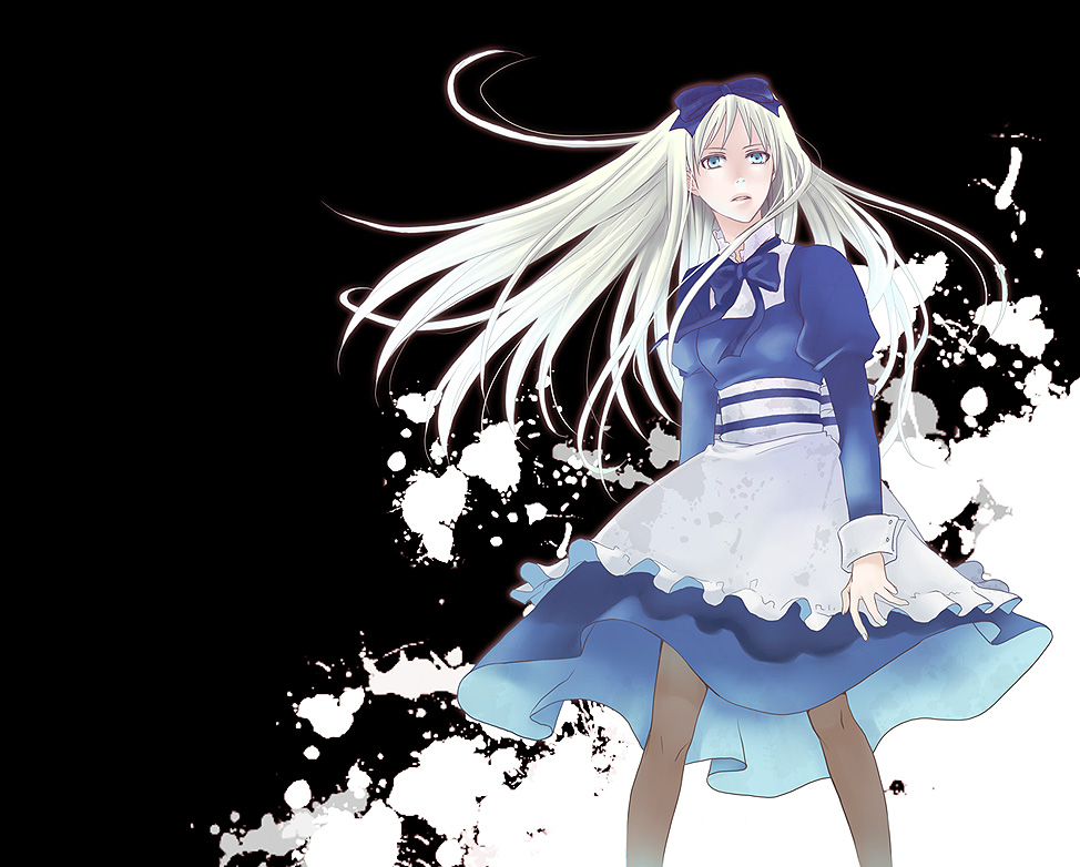 hitori (edge), belarus (hetalia), axis powers hetalia, silver hair, bad id, bad pixiv id, 00s, 1girl, apron, blue eyes, dress, female focus, hair ribbon, long hair, pantyhose, ribbon, solo