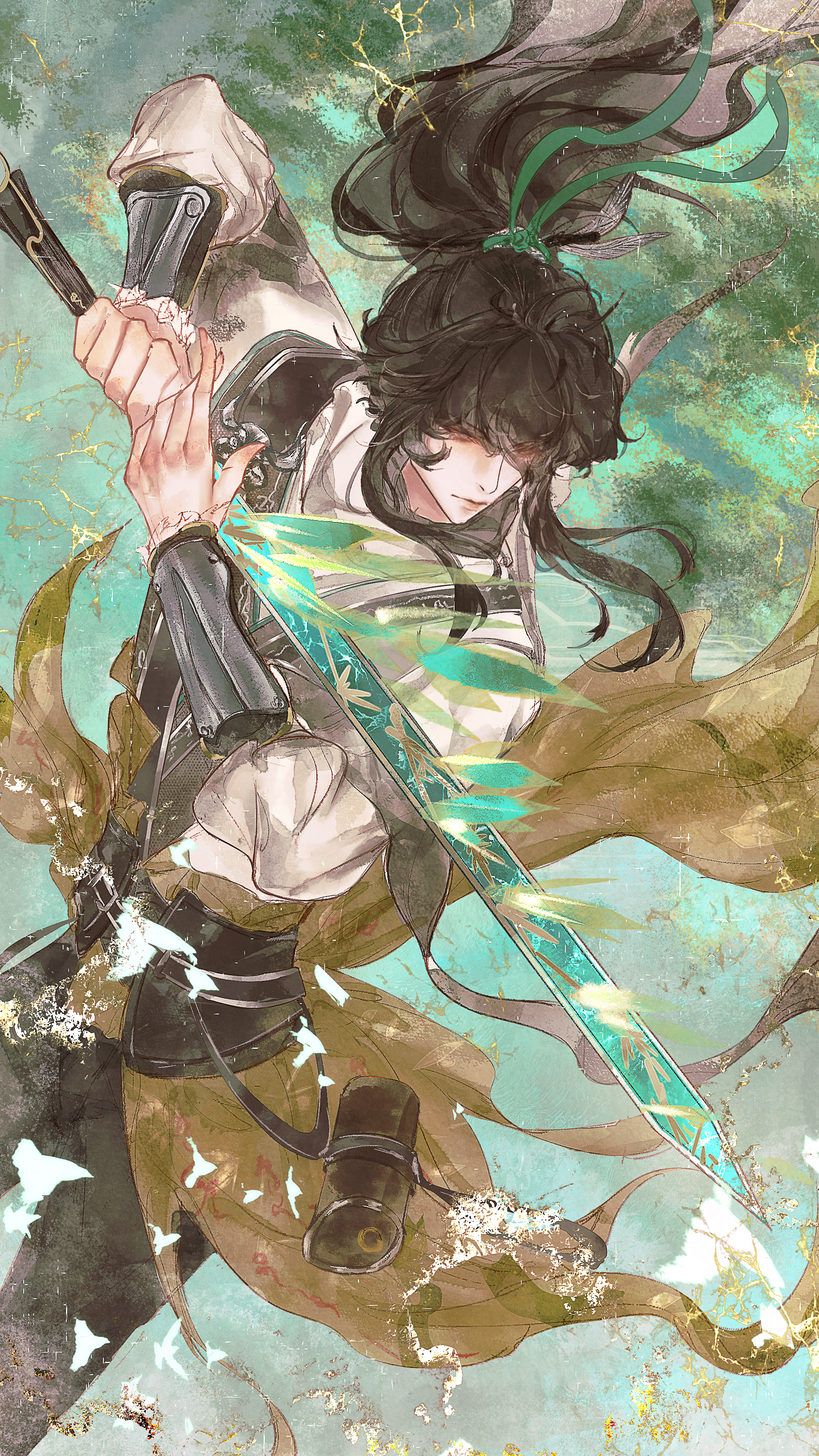 mian tu qiu, qiuyuan (wuthering waves), wuthering waves, absurdres, highres, 1boy, arm armor, black hair, black pants, cloak, closed mouth, green ribbon, hair ribbon, holding, holding sword, holding weapon, long hair, looking ahead, male focus, pants, ribbon, solo, sword, weapon, white cloak