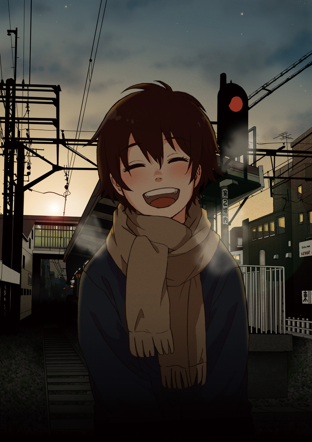 itou hiroyuki (caravina), iwai akiyuki, original, bad id, bad pixiv id, highres, 1girl, breath, brown hair, city, closed eyes, coat, female focus, overhead line, power lines, railroad tracks, scarf, short hair, smile, solo, traffic light, train station, winter clothes, winter coat
