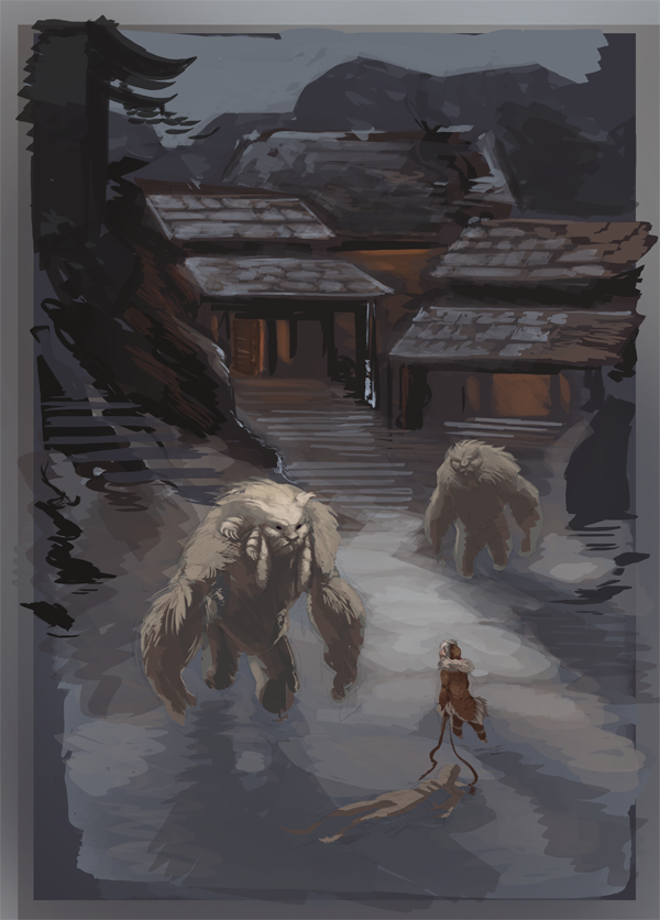 original, 1boy, 1girl, 2others, brown coat, brown pants, coat, fur-trimmed coat, fur trim, greekceltic, herman (greekceltic), house, jacky (greekceltic), multiple others, outdoors, pants, rope, snow, white fur