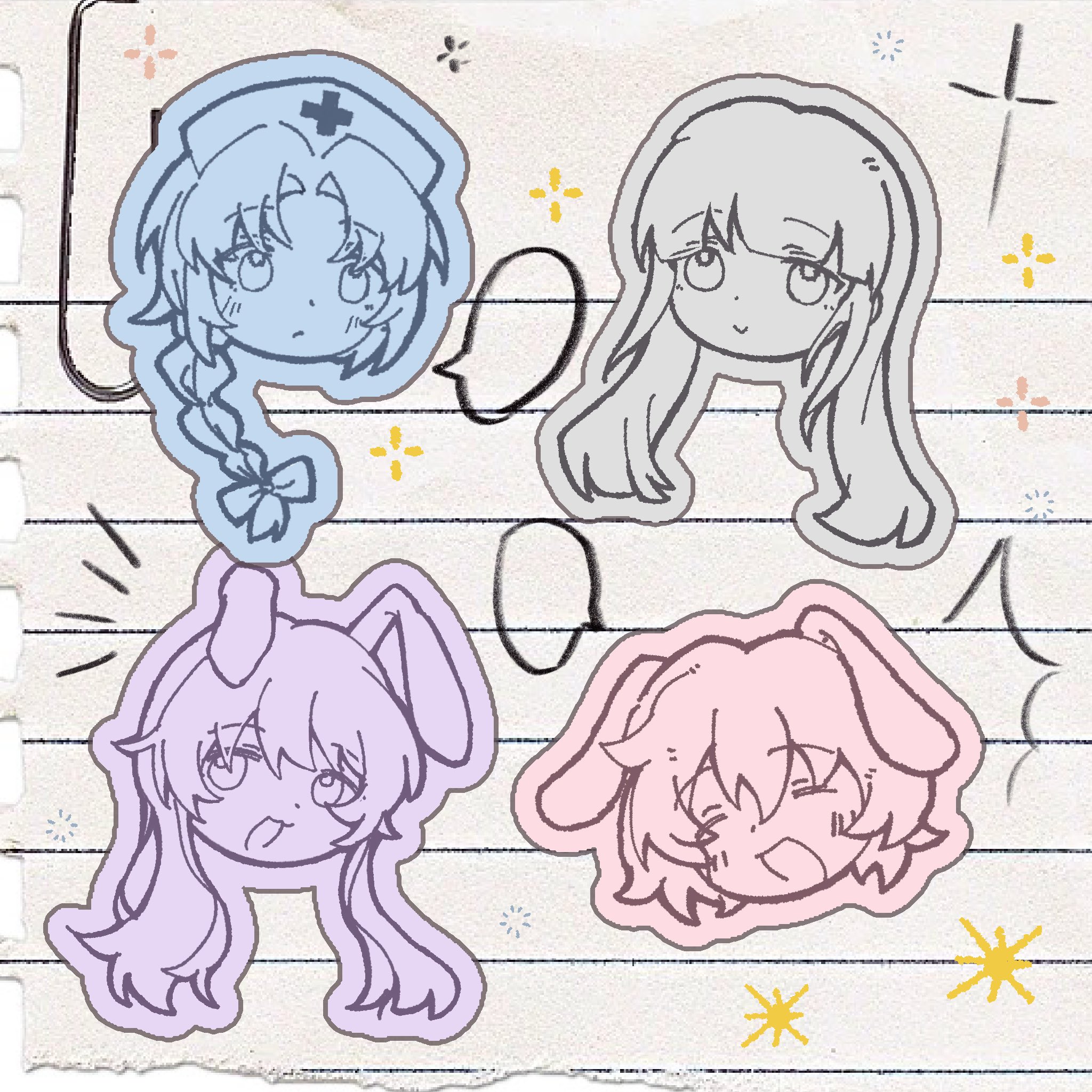 houraisan kaguya, inaba tewi, reisen udongein inaba, yagokoro eirin, touhou, highres, blunt bangs, hat, head only, lei niao3375, limited palette, long hair, medium hair, nurse cap, open mouth, side ponytail, sketch, sparkle, speech bubble, white background