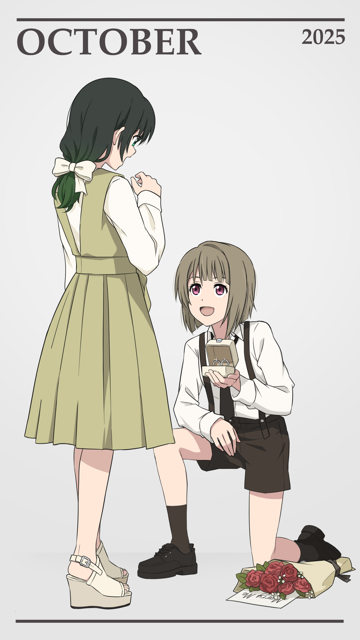 laofuzi dai bansho, nakasu kasumi, takasaki yu, love live!, love live! nijigasaki high school idol club, absurdres, commentary request, highres, 2025, 2girls, :d, black hair, black shoes, black shorts, black socks, bow, box, collared shirt, dress, eye contact, full body, green dress, green eyes, green hair, grey background, hair bow, high heel sandals, high heels, holding, holding box, jewelry, long hair, long sleeves, looking at another, low-tied long hair, marriage proposal, medium dress, multiple girls, october, on one knee, open mouth, pinafore dress, pink eyes, pleated dress, profile, ring, ring box, sandals, shirt, shoes, shorts, simple background, sleeveless, sleeveless dress, sleeves past wrists, smile, sneakers, socks, suspender shorts, suspenders, wedding ring, wedge heels, white bow, white shirt, yuri