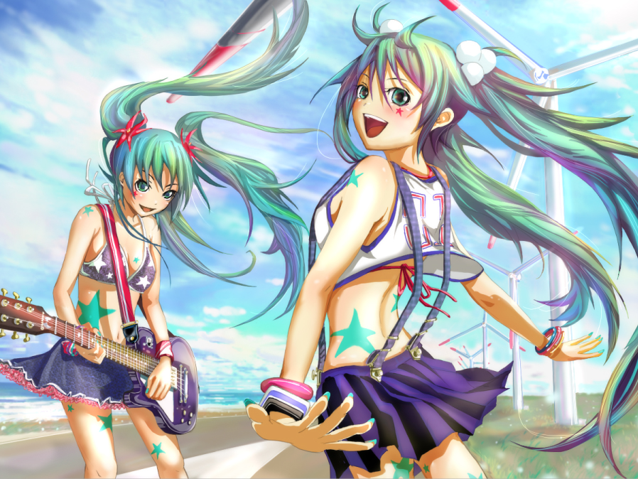 keepout, hatsune miku, vocaloid, bad id, bad pixiv id, 00s, 2girls, aqua eyes, aqua hair, aqua nails, bikini, bikini top only, bracelet, breasts, cleavage, crop top, crop top overhang, day, dual persona, electric guitar, female focus, fingernails, guitar, instrument, jewelry, long fingernails, long hair, looking back, medium breasts, midriff, multiple girls, nail polish, navel, skirt, sky, smile, standing, swimsuit, twintails, wind turbine, windmill