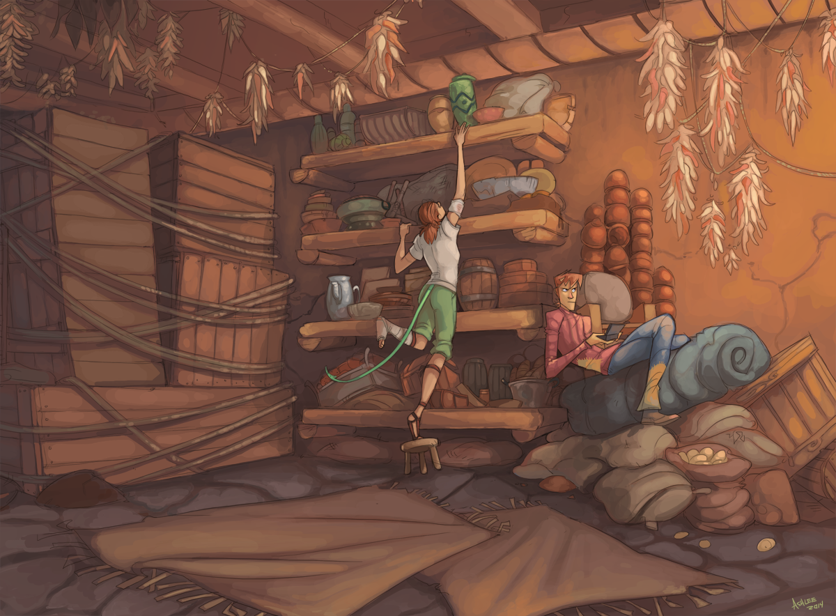 original, 1boy, 1girl, annoyed, bandages, barrel, blue pants, brown sandals, brown shoes, dated, greekceltic, green pants, herman (greekceltic), indoors, jacky (greekceltic), medium hair, orange hair, pants, ponytail, reaching, red sweater, rope, sack, sandals, shelf, shirt, shoes, short hair, signature, stone floor, sweater, tail, vase, white shirt