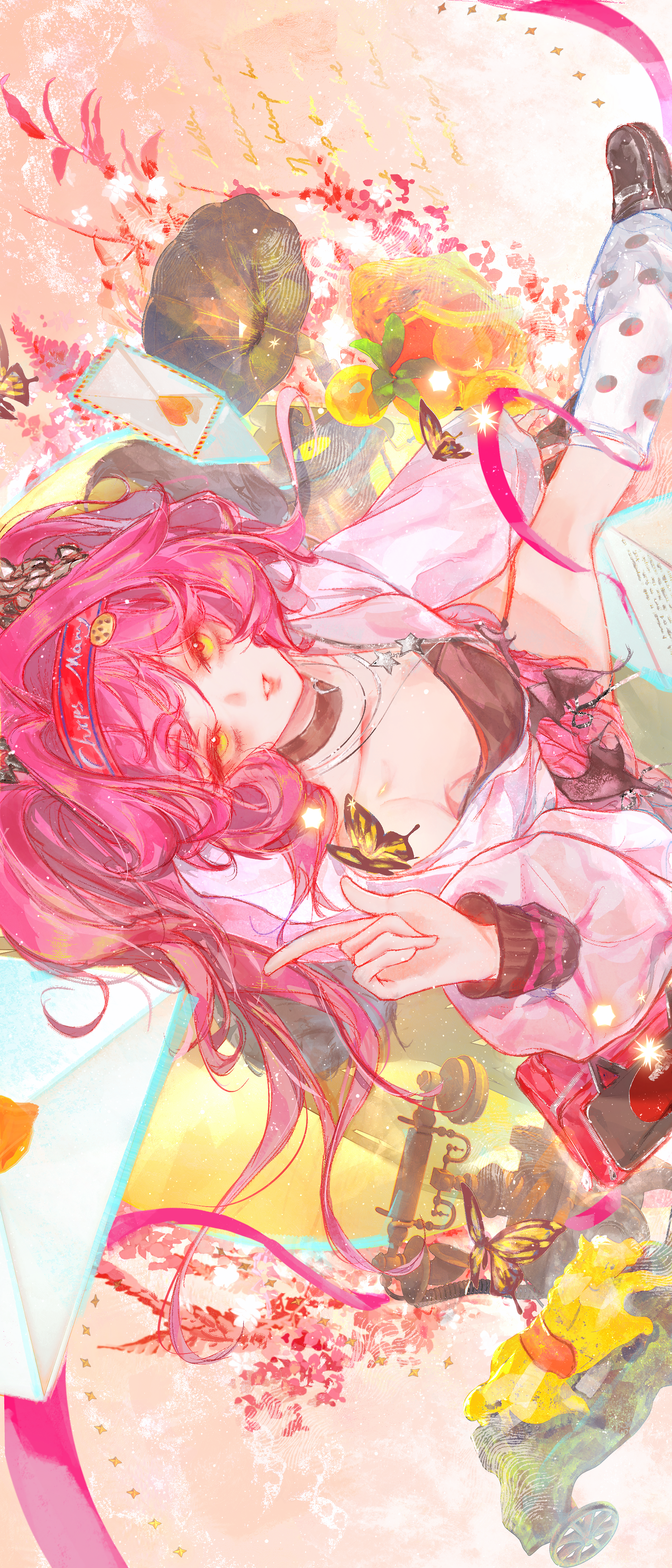 mian tu qiu, lupa (wuthering waves), chips ahoy!, wuthering waves, absurdres, highres, 1girl, black choker, black shirt, breasts, bug, butterfly, choker, envelope, hairband, index finger raised, insect, jacket, jewelry, long hair, looking at viewer, medium breasts, necklace, official alternate costume, parted lips, phonograph, pink hair, pink jacket, red hairband, shirt, single off shoulder, solo, star (symbol), star necklace, thighs, twintails, yellow butterfly, yellow eyes