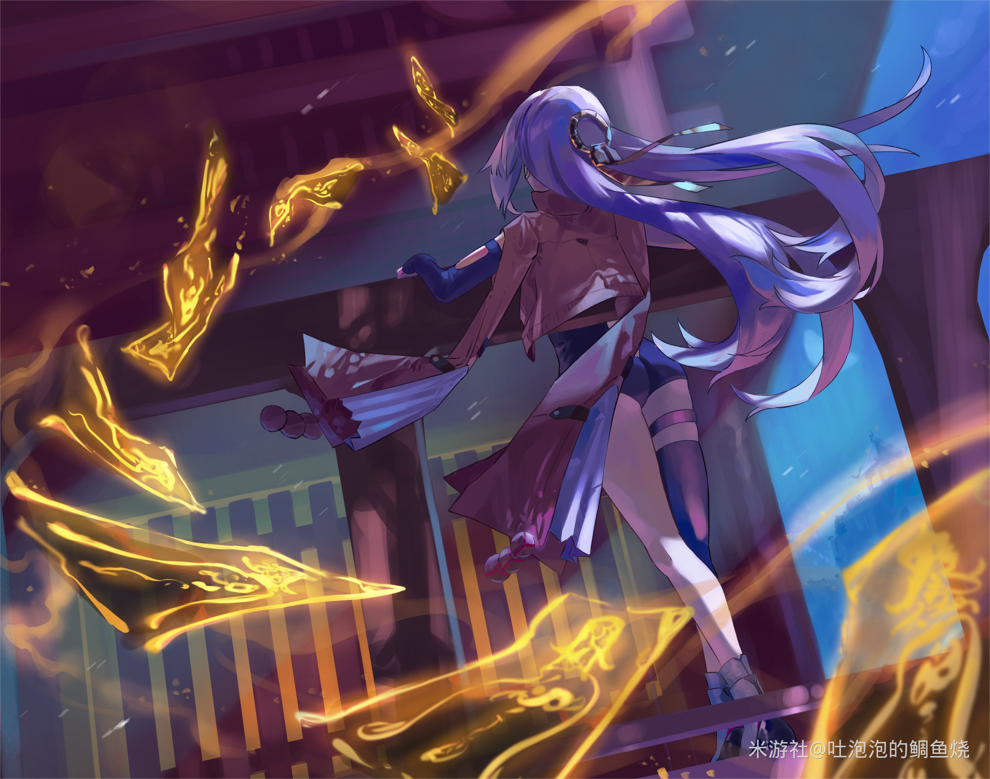 tu pao diao yu shao, yixuan (zenless zone zero), zenless zone zero, absurdres, commentary request, highres, 1girl, ass, asymmetrical gloves, black unitard, elbow gloves, from behind, gloves, high-waist shorts, jacket, long hair, night, night sky, ofuda, outdoors, ring hair ornament, shorts, single elbow glove, single thighhigh, sky, solo, thigh strap, thighhighs, uneven gloves, white hair, yellow jacket