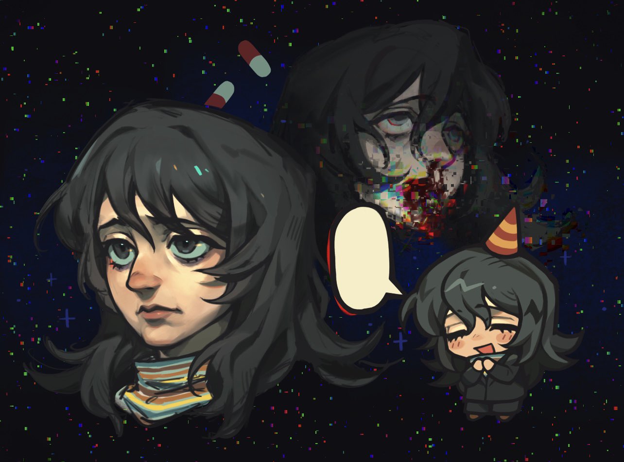 rs rouqiu, anya (mouthwashing), mouthwashing, commentary, english commentary, 1girl, :d, ^ ^, bags under eyes, black background, black hair, black jacket, black pants, blank speech bubble, blood, blood from mouth, blue sweater, brown shoes, chibi, chibi inset, closed eyes, closed mouth, cropped head, double-parted bangs, flipped hair, glitch, hair between eyes, hat, jacket, lips, long hair, looking ahead, looking up, multiple views, nosebleed, open mouth, orange hat, own hands together, pants, party hat, pill, red hat, shoes, simple background, smile, speech bubble, striped clothes, striped hat, striped sweater, sweater, turtleneck, turtleneck sweater, two-tone hat