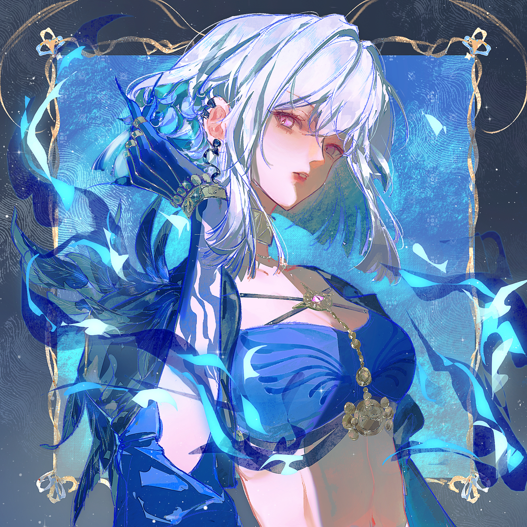 mian tu qiu, galbrena (wuthering waves), wuthering waves, chinese commentary, commentary request, highres, 1girl, blue bra, blue nails, bra, breasts, earrings, grey hair, hair between eyes, hair intakes, hand up, jewelry, looking at viewer, medium breasts, medium hair, parted lips, purple eyes, solo, underwear, upper body, very long fingernails