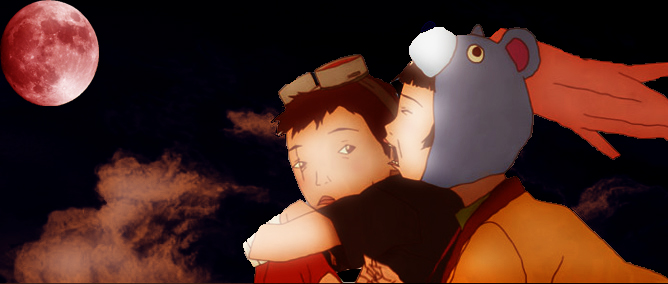 tekkon kinkreet, third-party edit, 1boy, 1girl, black hair, black theme, cloud, goggles, hat, moon, night, open mouth, red moon, scar, short hair, sky, tears, tekkonkinkreet, white theme