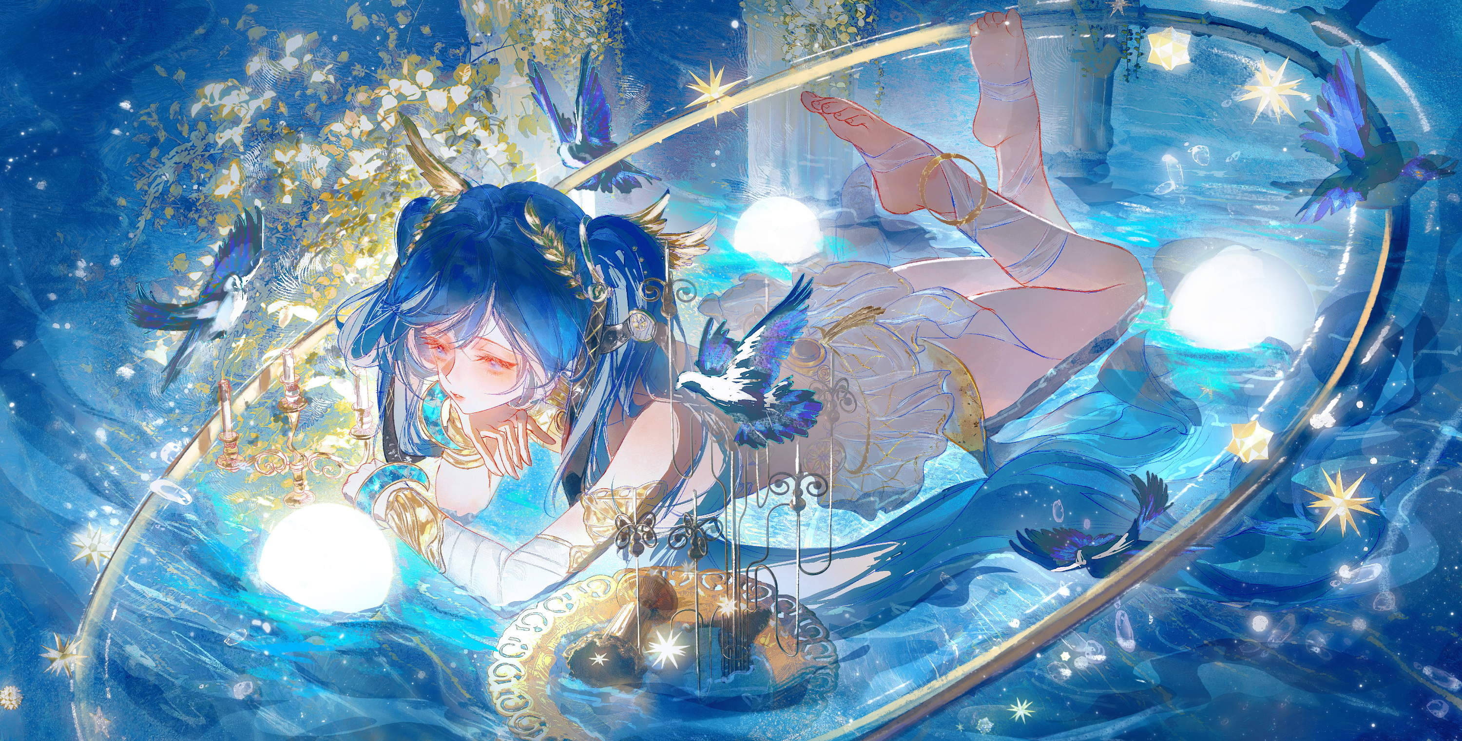 mian tu qiu, iuno (wuthering waves), wuthering waves, highres, 1girl, ancient greek clothes, armlet, bare shoulders, barefoot, bird, blue eyes, blue hair, feet, greco-roman clothes, hair belt, head rest, jewelry, laurel crown, leg wrap, long hair, looking ahead, lying, on stomach, orb, parted lips, solo, the pose, thighs, toes, very long hair