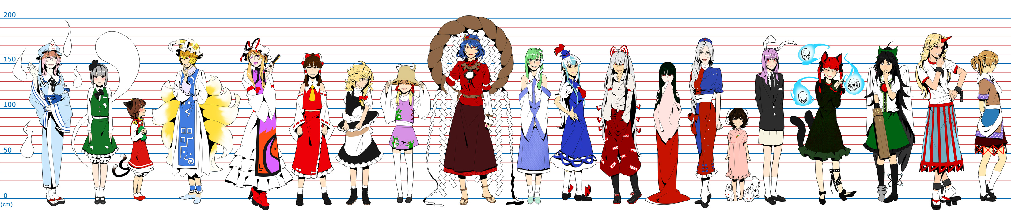 fugi jis, chen, fujiwara no mokou, hakurei reimu, hoshiguma yuugi, houraisan kaguya, inaba tewi, kaenbyou rin, kamishirasawa keine, kirisame marisa, kochiya sanae, konpaku youmu, konpaku youmu (ghost), mizuhashi parsee, moriya suwako, reisen udongein inaba, reiuji utsuho, saigyouji yuyuko, yagokoro eirin, yakumo ran, yakumo yukari, yasaka kanako, touhou, silver hair, absurdres, highres, long image, wide image, 6+girls, animal ears, arm warmers, barefoot, black hair, blazer, blonde hair, blue hair, blush, braid, brown hair, cat ears, cat girl, cat tail, detached sleeves, earrings, female focus, fox tail, frog, geta, ghost, green eyes, green hair, hair ribbon, hairband, hand fan, hat, height chart, horns, jacket, japanese clothes, jewelry, lineup, long hair, miko, multiple girls, multiple tails, necktie, pink hair, pleated skirt, pointy ears, purple eyes, purple hair, rabbit, rabbit ears, red eyes, red hair, ribbon, rope, sandals, scarf, see-through clothes, short hair, single horn, skirt, snake, suspenders, tabi, tail, thighhighs, twin braids, twintails, wings, witch, witch hat