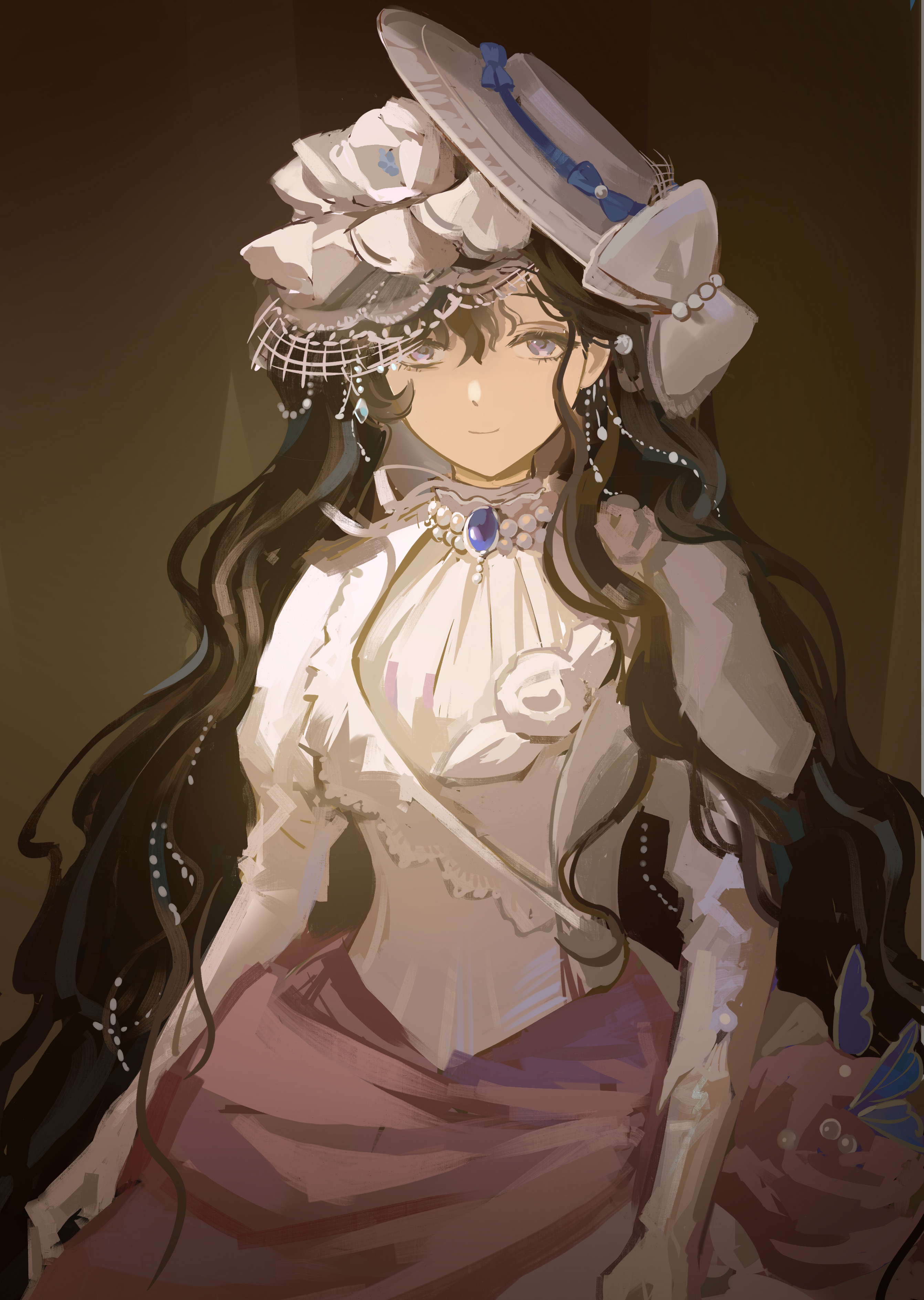 qinghong zaoshu, isolde (reverse:1999), reverse:1999, absurdres, highres, 1girl, black hair, bow, brown background, dress, gloves, hat, hat bow, juliet sleeves, long hair, long sleeves, looking at viewer, puffy sleeves, purple eyes, smile, solo, upper body, veil, very long hair, white bow, white dress, white hat, white veil, yellow gloves