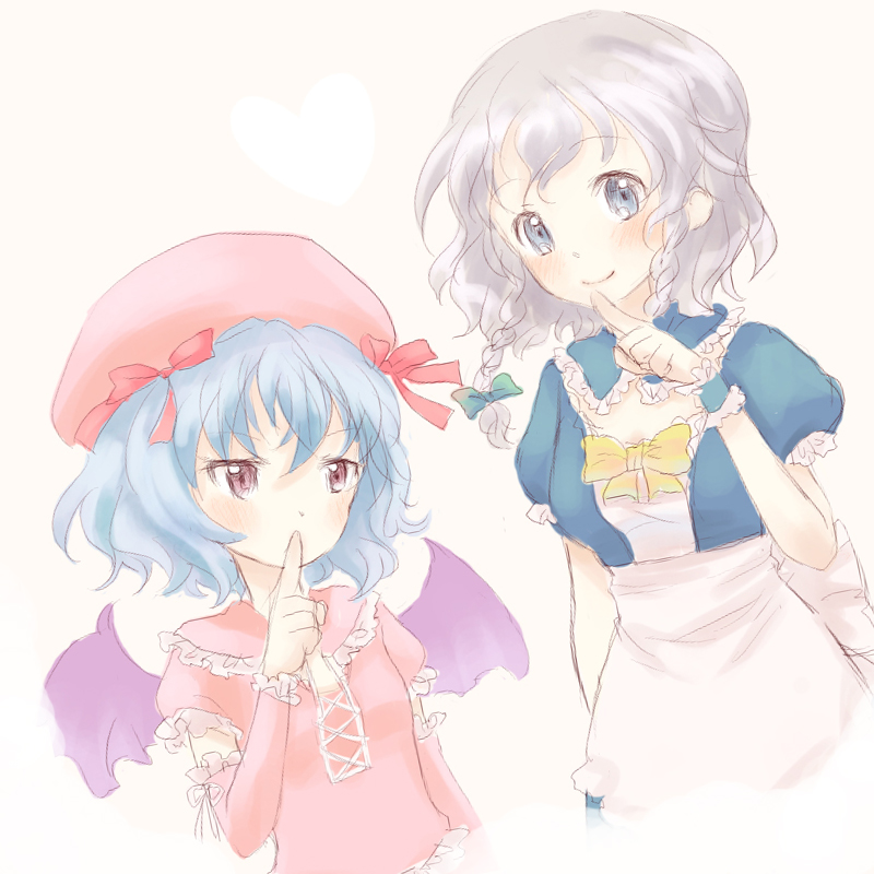 rias-shiki kawaii, izayoi sakuya, remilia scarlet, touhou, silver hair, bad id, bad pixiv id, 2girls, bat wings, blue eyes, blue hair, braid, female focus, hat, multiple girls, red eyes, short hair, twin braids, wings