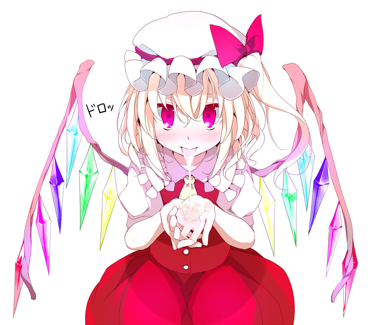 oouso, flandre scarlet, embodiment of scarlet devil, touhou, bad id, bad pixiv id, 1girl, blonde hair, cum, cum in mouth, cum on tongue, cupping hands, female focus, hat, own hands together, ponytail, red eyes, short hair, side ponytail, solo, tongue, wings