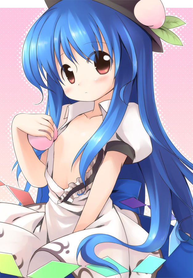 emurin, hinanawi tenshi, touhou, 1girl, blue hair, female focus, flat chest, food, fruit, hat, loli, long hair, no bra, open clothes, open shirt, open skirt, peach, red eyes, shirt, skirt, solo
