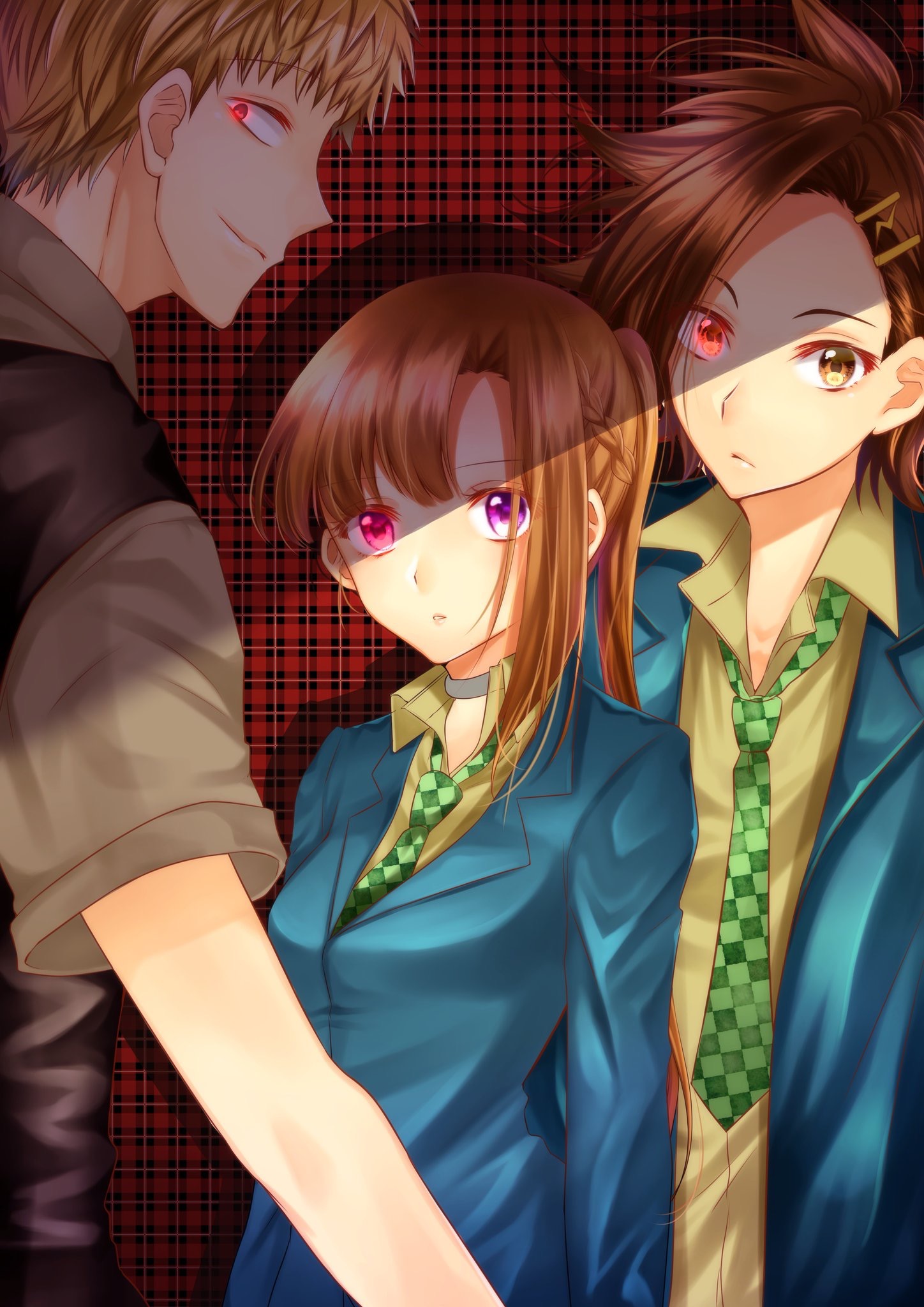 chidouin sara, shinogi keiji, tazuna joe, kimi ga shine, highres, photoshop (medium), 1girl, 2boys, argyle clothes, argyle necktie, asymmetrical bangs, asymmetrical hair, asymmetrical sidelocks, black vest, blazer, blonde hair, blue jacket, blunt bangs, braid, breasts, brown eyes, brown hair, casual, checkered clothes, checkered necktie, choker, closed mouth, collar, collarbone, collared shirt, dark persona, earrings, evil smile, expressionless, formal clothes, from behind, from side, glowing, glowing eye, glowing eyes, green necktie, grey collar, hair ornament, hair over one eye, hairclip, half-closed eyes, head tilt, heterochromia, high ponytail, jacket, jewelry, lapels, lightning bolt, lightning bolt hair ornament, lightning bolt symbol, long hair, long sleeves, looking at viewer, looking back, looking to the side, medium breasts, multiple boys, necktie, notched lapels, open clothes, open jacket, orange hair, parted bangs, parted lips, plaid background, ponytail, purple eyes, red background, red eyes, sandwiched, school uniform, shade, shaded face, shadow, shirt, short hair, short sleeves, side ponytail, sidelocks, simple background, single braid, sleeves pushed up, sleeves rolled up, smile, spiked hair, standing, suit, teeth, upper body, vest, waistcoat, wing collar, yellow hair ornament, yellow shirt