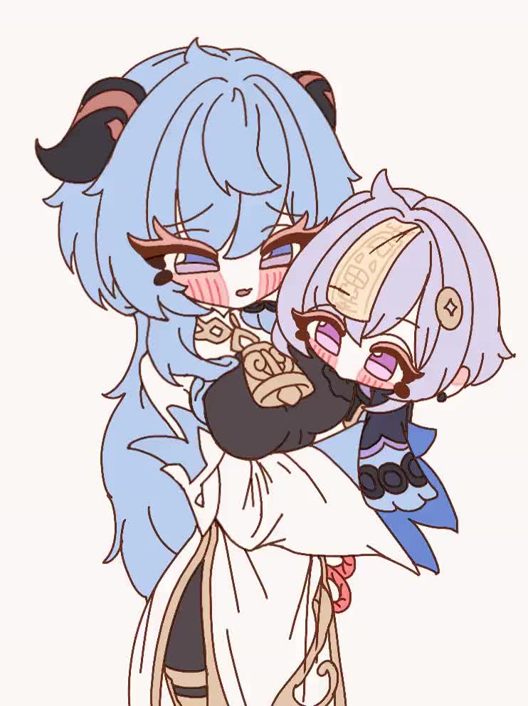 dayday (day 1day), ganyu (genshin impact), qiqi (genshin impact), genshin impact, animated, commentary, korean commentary, tagme, video, 2025, 2girls, age difference, ahoge, bell, black gloves, blue hair, blush, breast sucking, breast sucking through clothes, breasts, carrying, coin hair ornament, detached sleeves, female focus, gloves, goat horns, hair ornament, horns, jiangshi, long hair, long sleeves, looking at viewer, multiple girls, onee-loli, open mouth, purple eyes, simple background