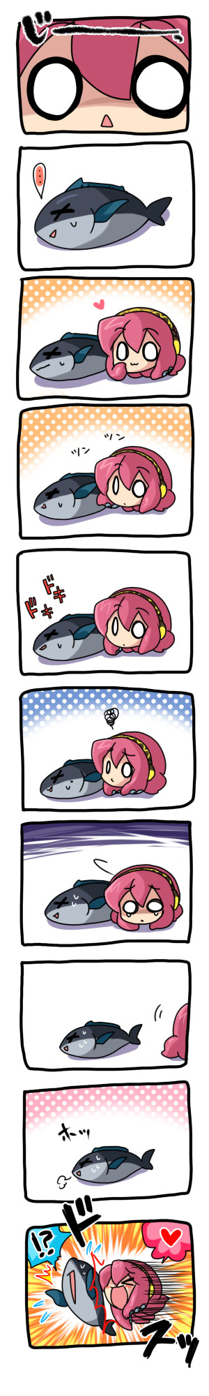 eromame, megurine luka, takoluka, vocaloid, bad id, bad pixiv id, highres, long image, tall image, translated, !?, > <, > <, :<, :3, ^^^, closed eyes, comic, fish, heart, o o, pink hair, poking, sigh, silent comic, sleeping, squiggle, staring, surprised, tackle, tears, tuna, x3, x x