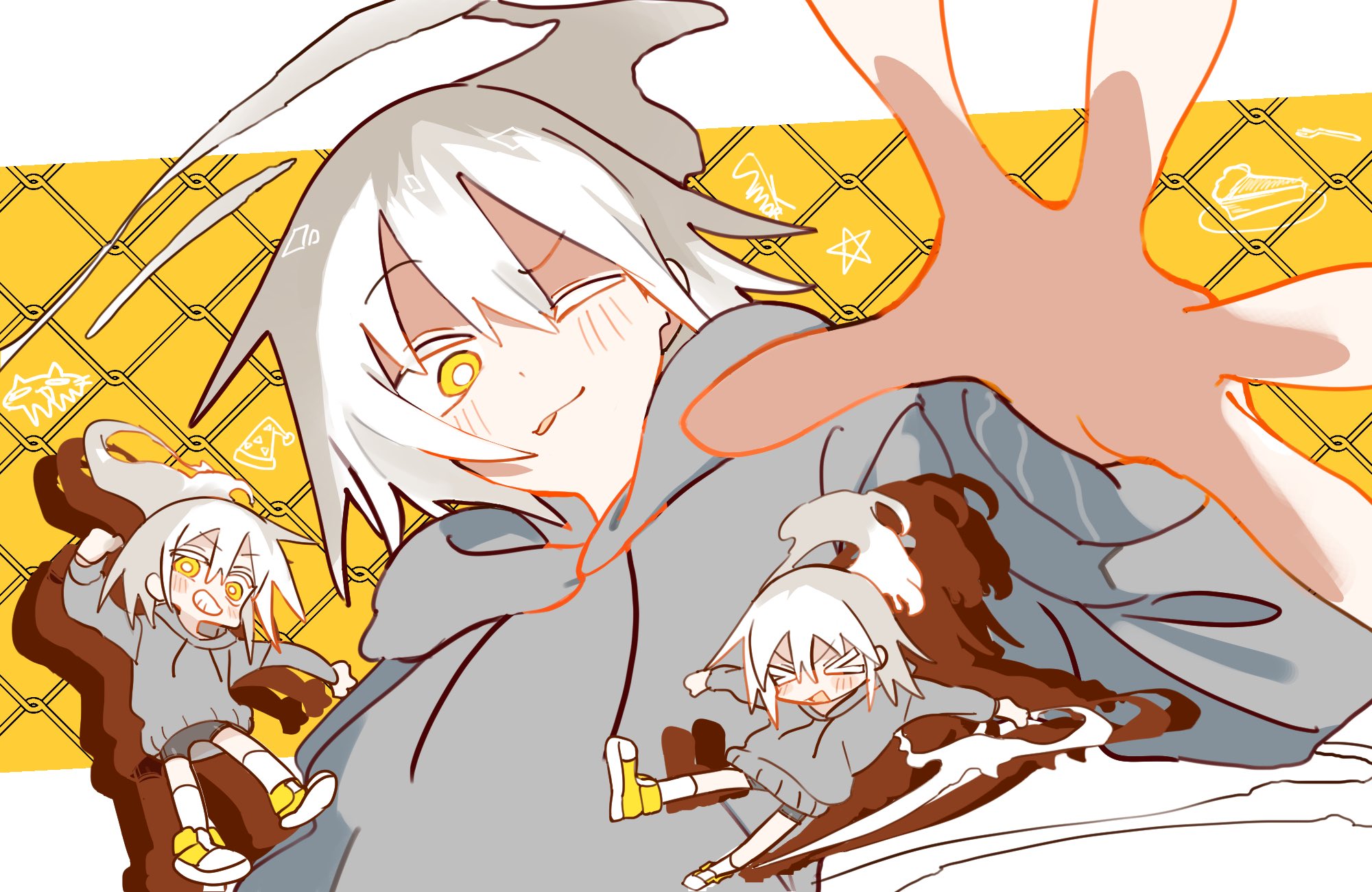 konro kon, original, > <, 1girl, barbed wire, chibi, grey hoodie, hoodie, multiple views, one eye closed, white hair