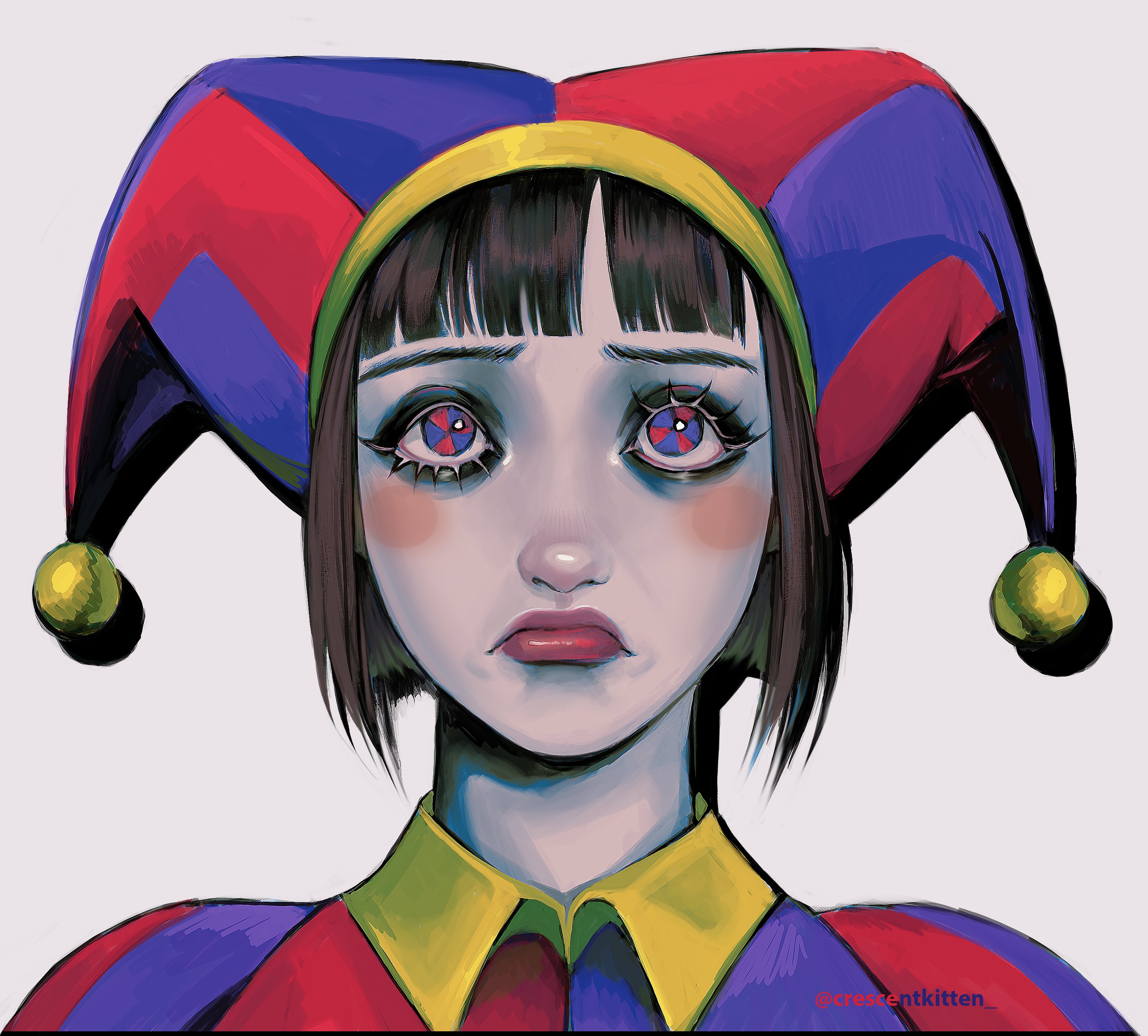 crescentkitten, pomni (the amazing digital circus), the amazing digital circus, absurdres, commentary, english commentary, highres, 1girl, bags under eyes, black eyeshadow, black hair, blue eyes, blue hat, blue shirt, blunt bangs, bob cut, circle facial mark, closed mouth, collared shirt, colored skin, contrast collar, eyeshadow, frown, grey background, hat, hat bell, jester, jester cap, looking at viewer, makeup, multicolored eyes, pink lips, portrait, red eyes, red hat, red shirt, shirt, short bangs, short hair, simple background, solo, straight-on, striped clothes, striped headwear, striped shirt, twitter username, two-tone eyes, two-tone shirt, upturned eyes, vertical-striped clothes, vertical-striped headwear, vertical-striped shirt, white skin