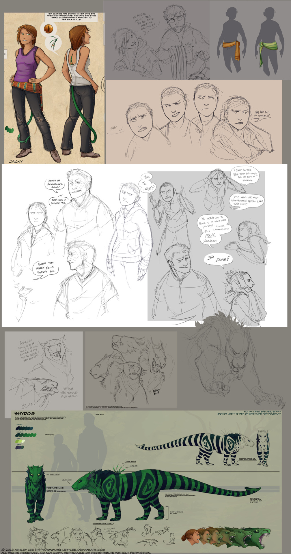 commentary, highres, 1girl, 2boys, animal ears, animal hands, bashcat (greekceltic), beard, breasts, cat ears, cat paws, clothes around waist, comparison, dated, denim, english text, facial hair, full body, glasses, greekceltic, green eyes, green fur, hands on own hips, jacky (greekceltic), jeans, medium hair, multiple boys, orange hair, pants, ponytail, purple tank top, reference sheet, shoes, shydog (greekceltic), signature, simple background, size comparison, size difference, speech bubble, tail, tank top, transformation, white tank top