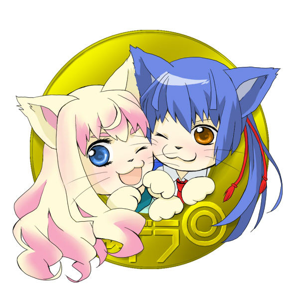 saotome alto, sheryl nome, macross, macross frontier, 00s, 1boy, 1girl, animal ears, animal hands, blue eyes, blue hair, blush, brown eyes, cat, cat ears, chibi, couple, curly hair, hetero, long hair, one eye closed, open mouth, pink hair, ponytail, smile, whiskers, wink